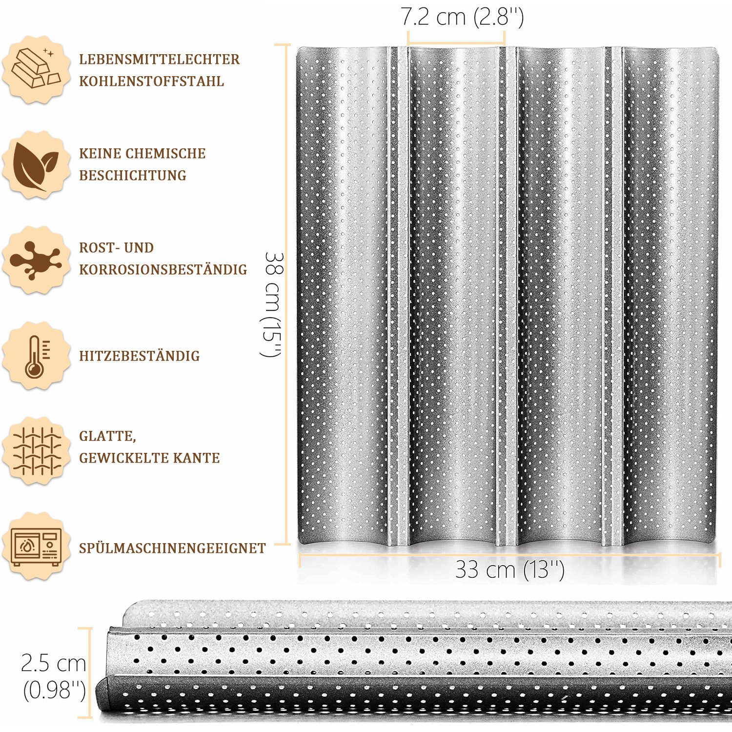 Refined Living Baguetteblech Baguette-Backblech für 4 Brote Antihaft Baguette Backform Brotbackform, (Perforierte Antihaftbeschichtung Blechpfanne Hitzebeständig bis 230°C, 1-St., französisches und italienisches Brot, Tabletts zum Backen von Laibbrot), 38 x 33 cm Brotform Brot Backen Zubehör Geschenke für Backbegeisterte