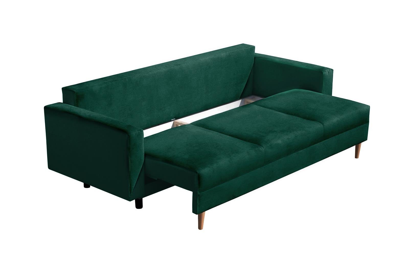 grün Design, 3-Sitzer skandinavisches Flasches Wellenunterfederung, 28) Relaxfunktion Holzbeine, Sofa (trinity MILAN, Beautysofa 3-Sitzer Bettkasten, mit