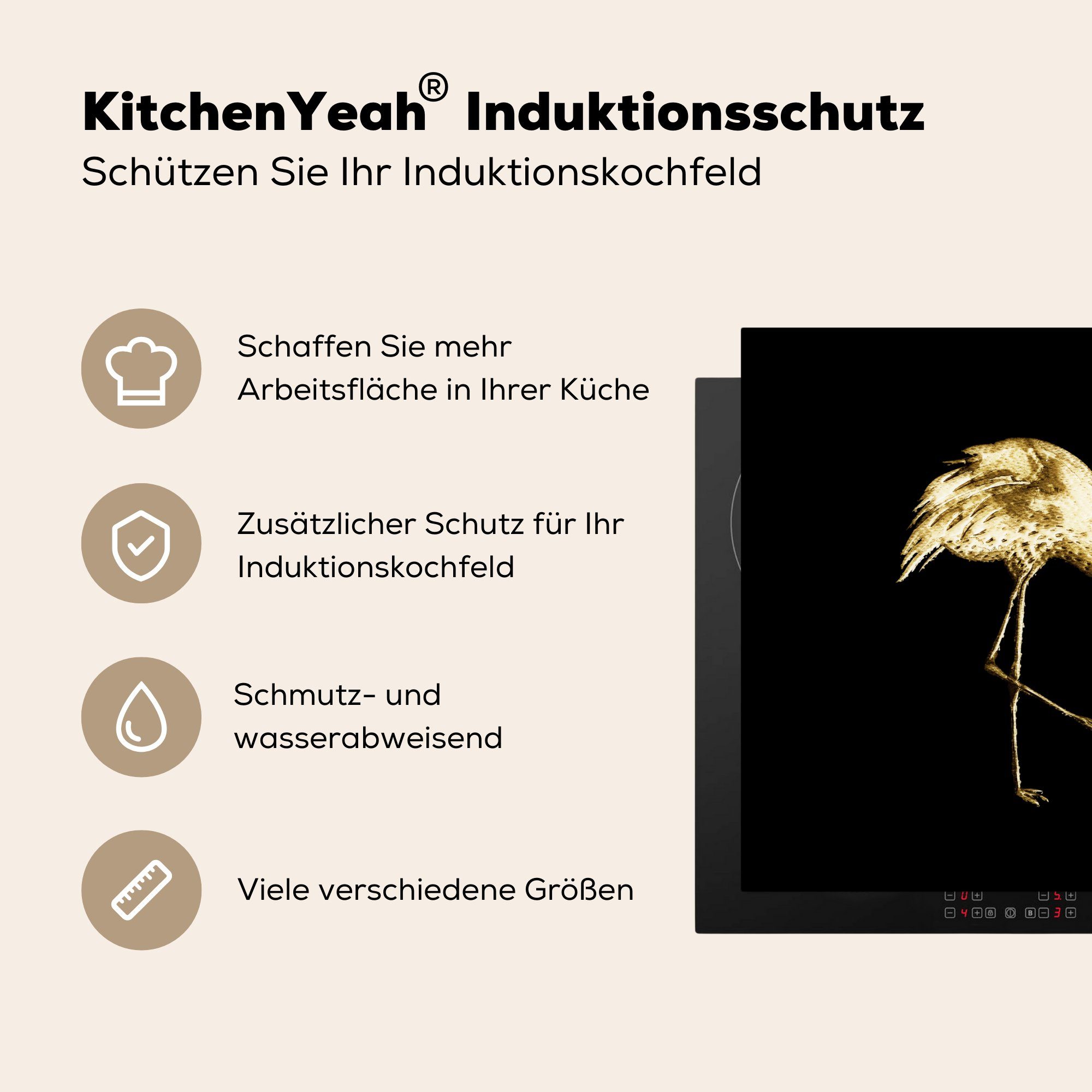 küche, für Herdblende-/Abdeckplatte MuchoWow Flamingo - 59x52 tlg), Vinyl, die Induktionsmatte Gold Schwarz, Ceranfeldabdeckung - Vogel (1 cm, -