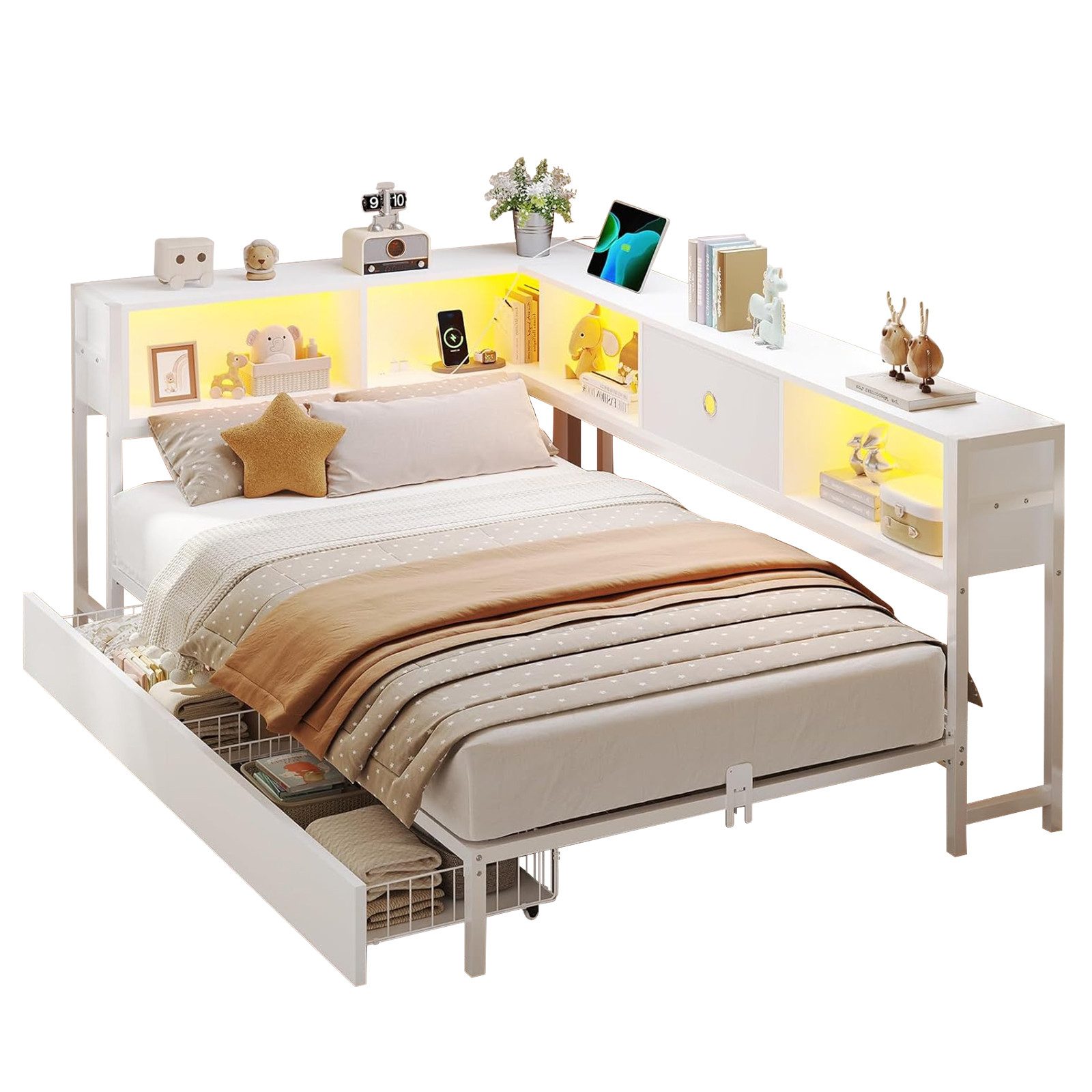 MSMASK Daybett Schlafsofa mit LED-Beleuchtung und Steckdose, Kinderbett, Jugendbett (1 tlg), Bett mit Metallrost, 90x190cm