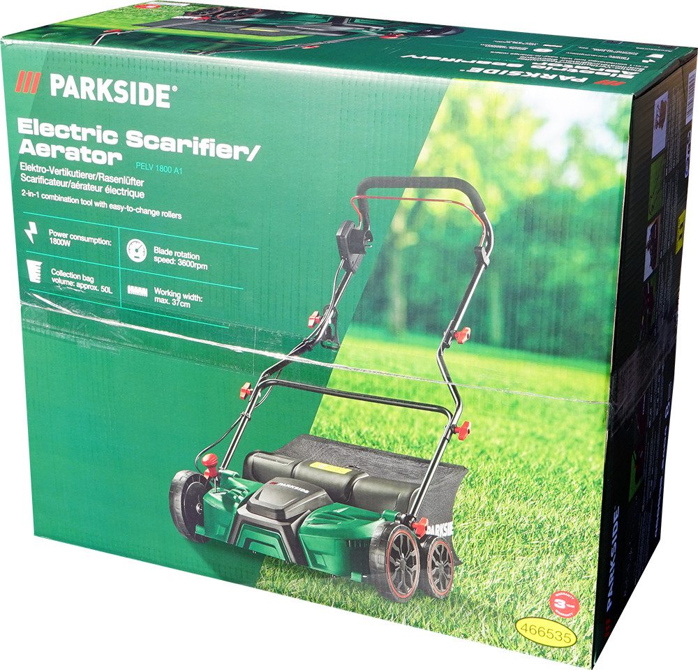 Parkside Elektro-Vertikutierer / Lüfter 2-in-1 Elektro-Vertikutierer & Rasenlüfter PELV 1800, 1800 W, Zentrale 4-Stufen-Tiefeneinstellung