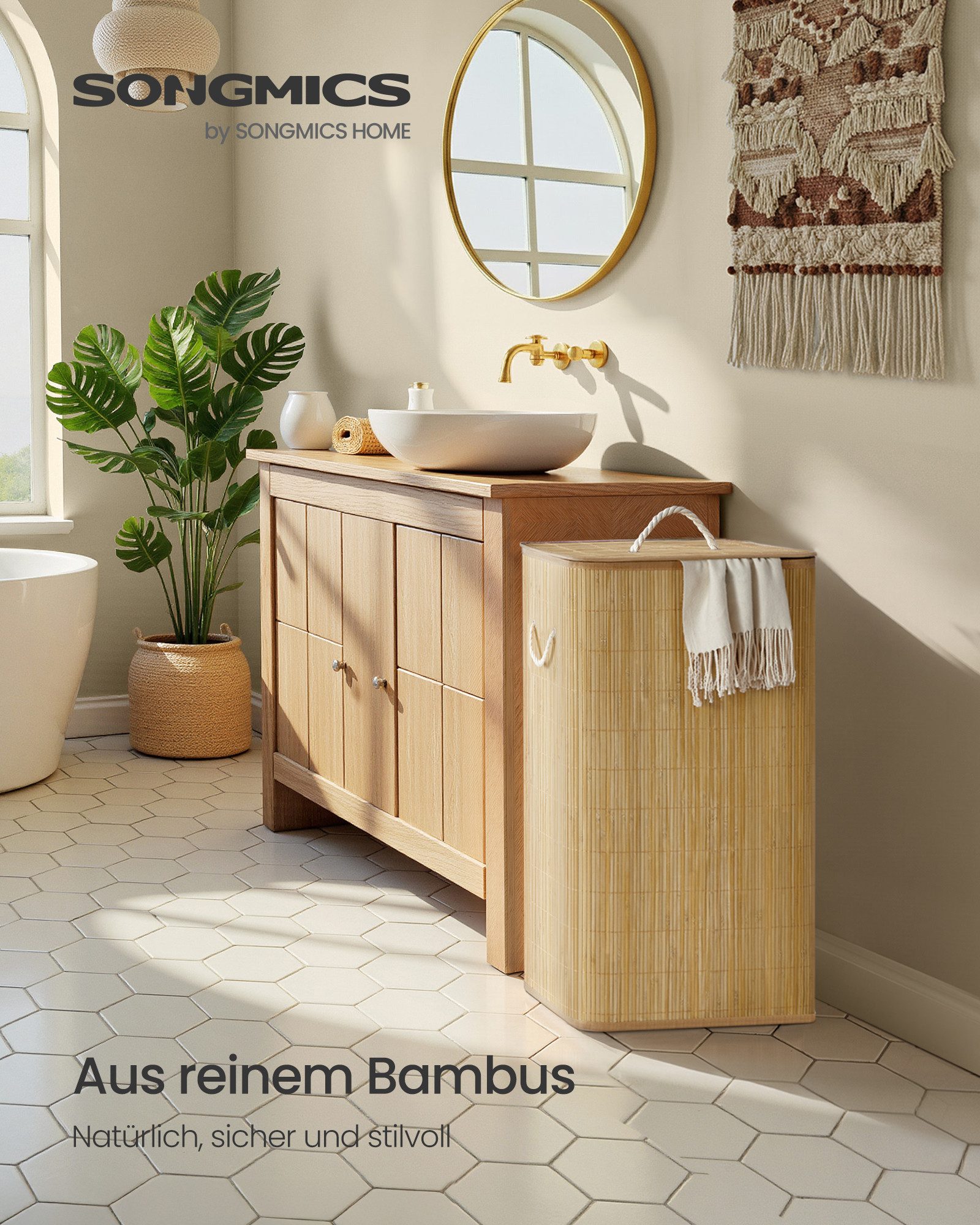 SONGMICS Wäschekorb, Wäschekorb mit Deckel, 60/90 L, Wäschesammler Bambus, günstig online kaufen