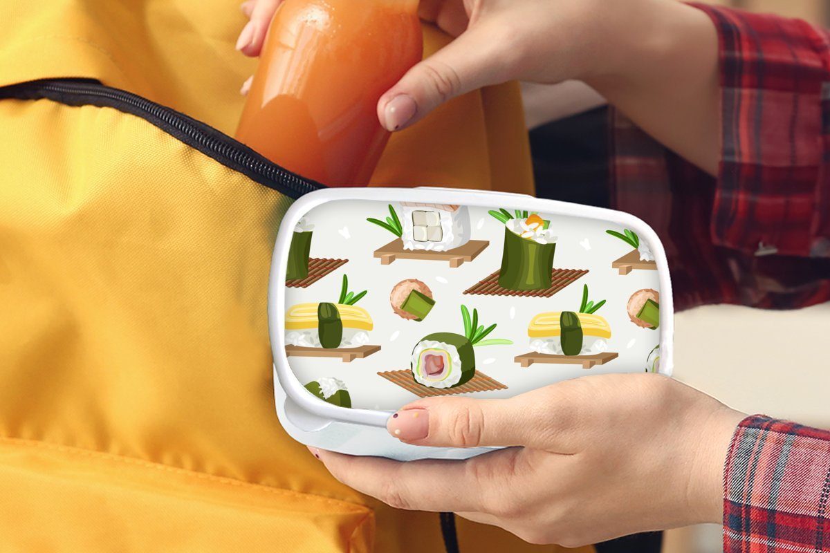 für Kinder - Muster Jungs (2-tlg), Erwachsene, - Mädchen Lebensmittel, Brotdose, MuchoWow Kunststoff, und für und Brotbox Lunchbox weiß Sushi