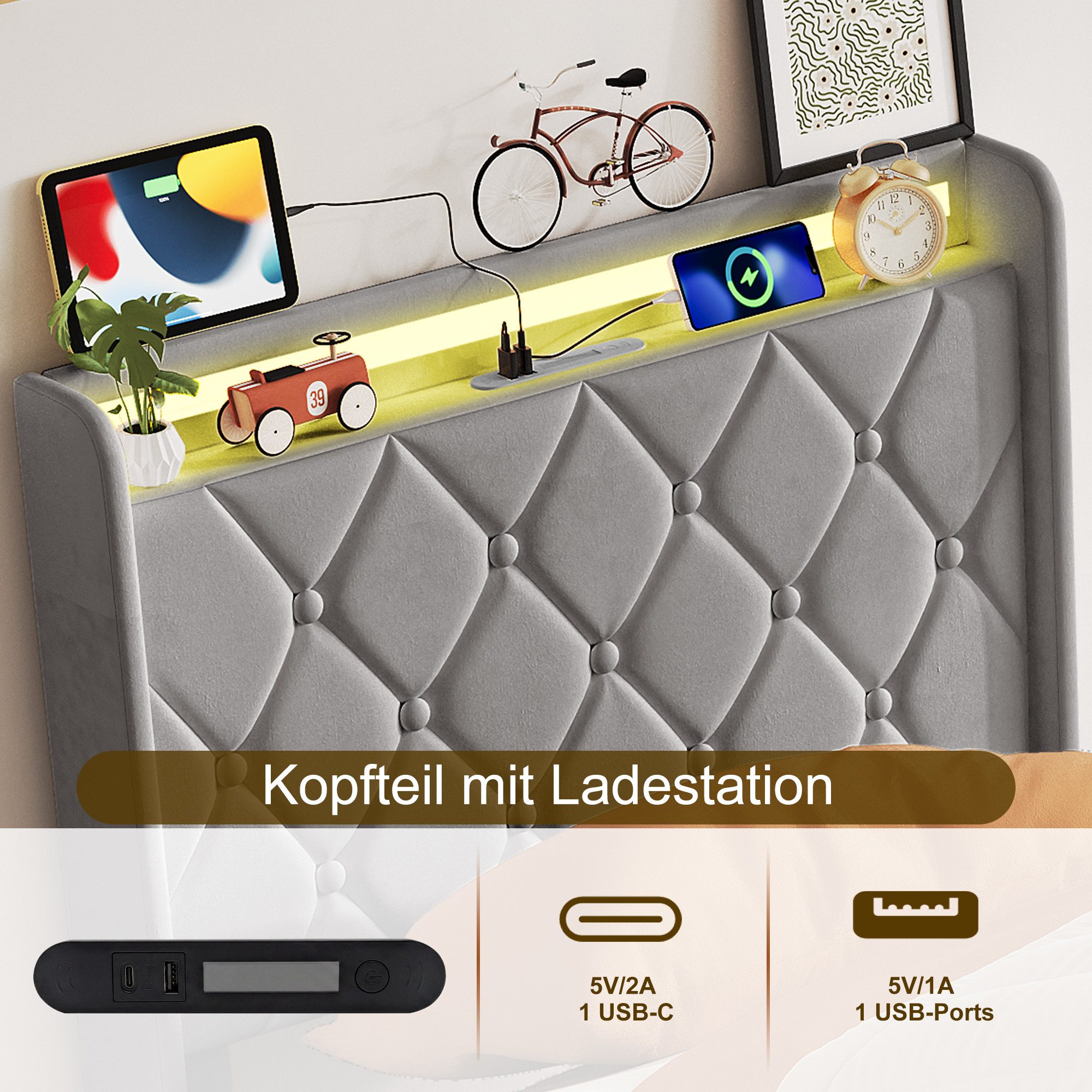 Yelenaro Stauraumbett Polsterbett Doppelbett Mit USB+Typ C und LED-Leuchten (Packung, 1-tlg., Jugendbett), 90x200 cm,Mit Bettkasten,Kopfteil und Bettgestell,Sam – Bild 4 von 5