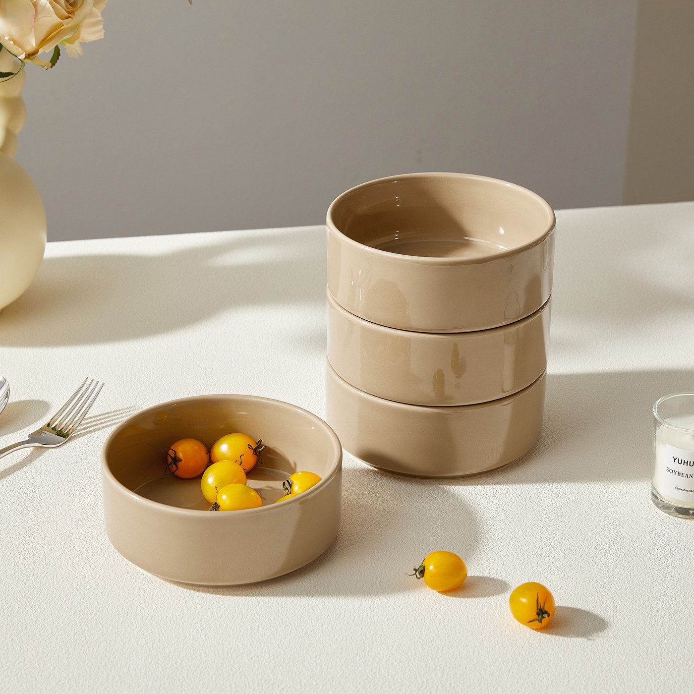 JIWOO Salatschüssel 4er Ø13,5cm, Müslischüssel Suppenschüssel Dessertschale Obstschale, Keramik, (Schüsselset, 4-tlg), Bowl Hochwertige Schüsseln Braun Schüssel Mikrowellenofen Spülmaschine