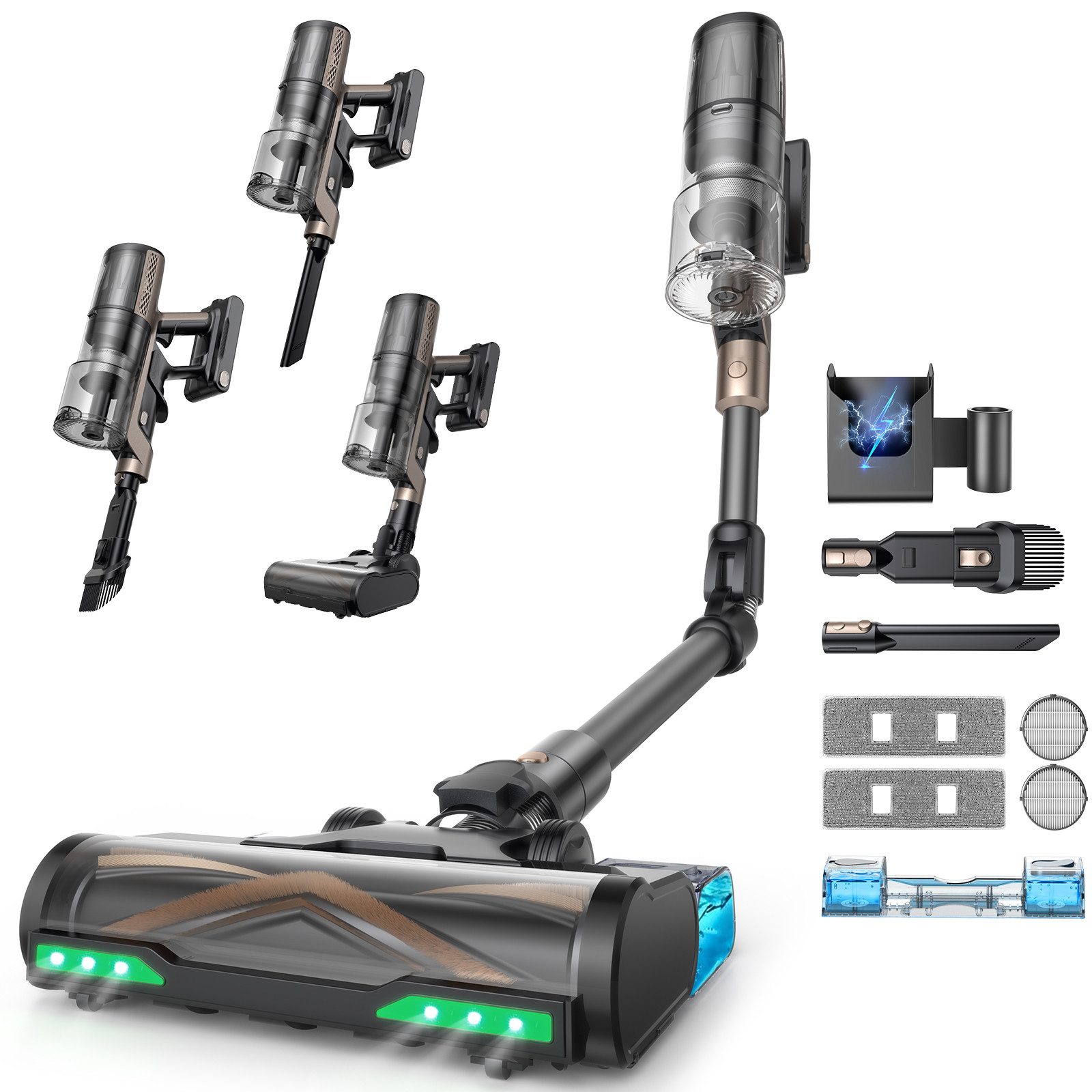 Proscenic Hand-und Stielstaubsauger PO20 OnePass 70KPA/70Min, Mit Wassertank&2-in-1 Пылесосы&Wischer, 680 W, beutellos, Klappstange, zur Reinigung unter niedrigen Möbeln