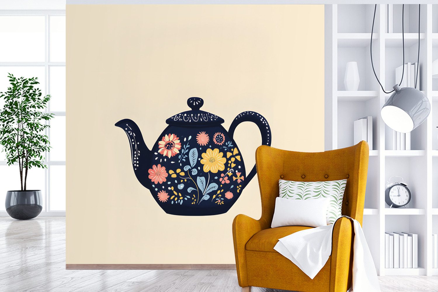 MuchoWow Fototapete Teekanne - Bunt - Blumen, Matt, bedruckt, Vliestapete für Wohnzimmer Schlafzimmer Küche, Fototapete, 220x220 cm
