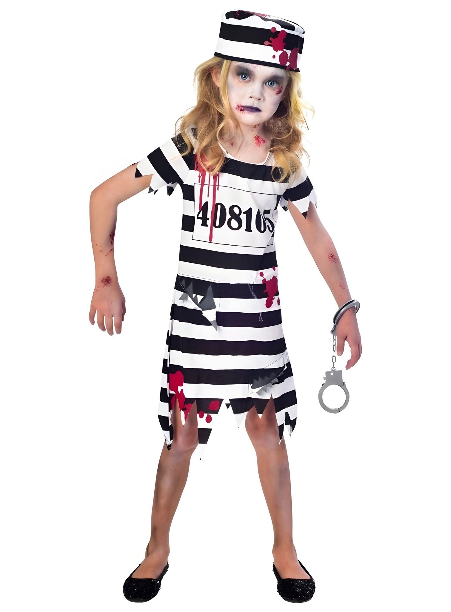 Metamorph Zombie-Kostüm Zombie Verbrecher Kostüm für Mädchen, Zerrissener Gefängnis-Jumpsuit im blutigen Knast-Look für Mädchen