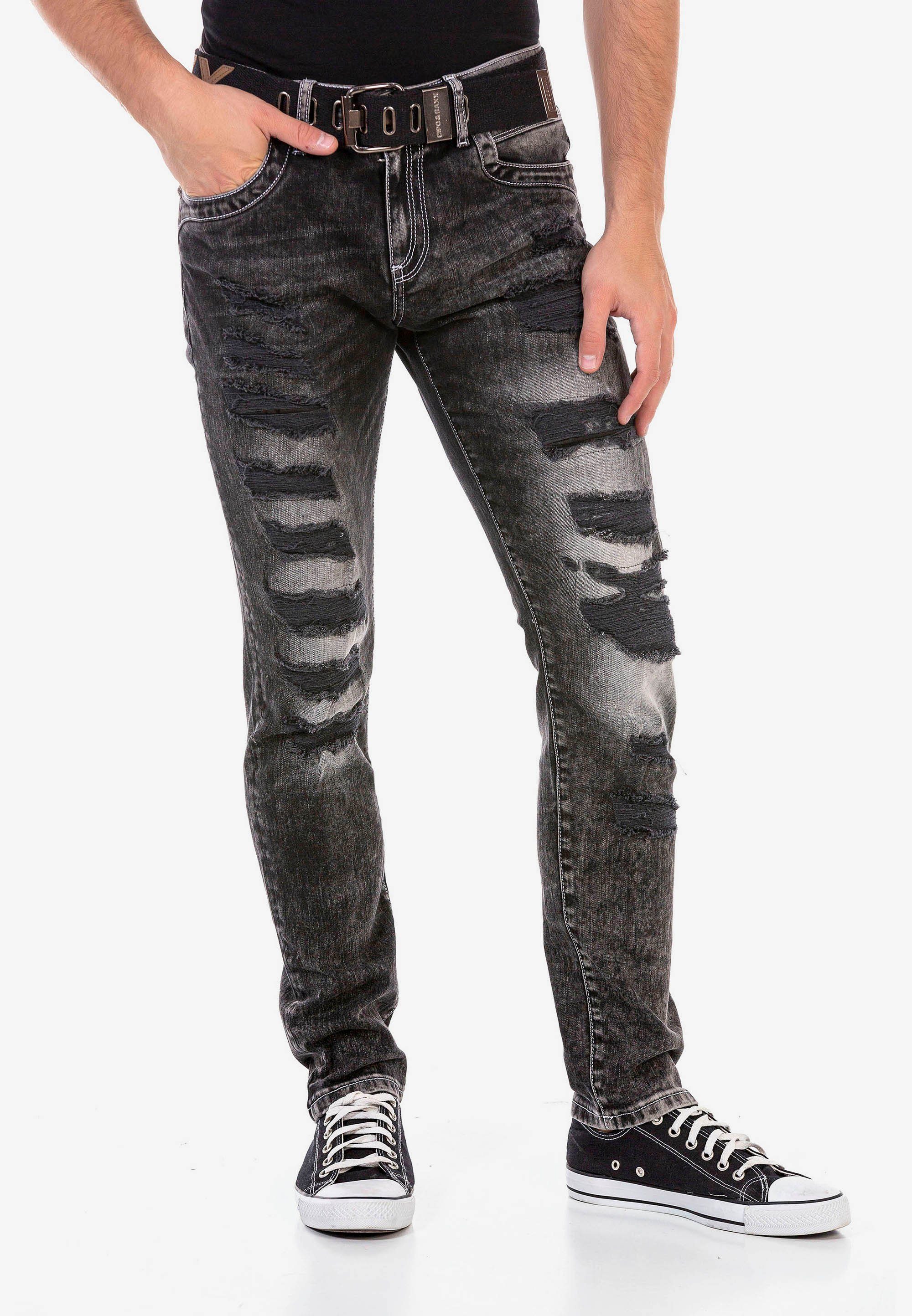 Herren Jeans Cipo & Baxx Straight-Jeans im modischem Destroyed-Look mit Gürtel