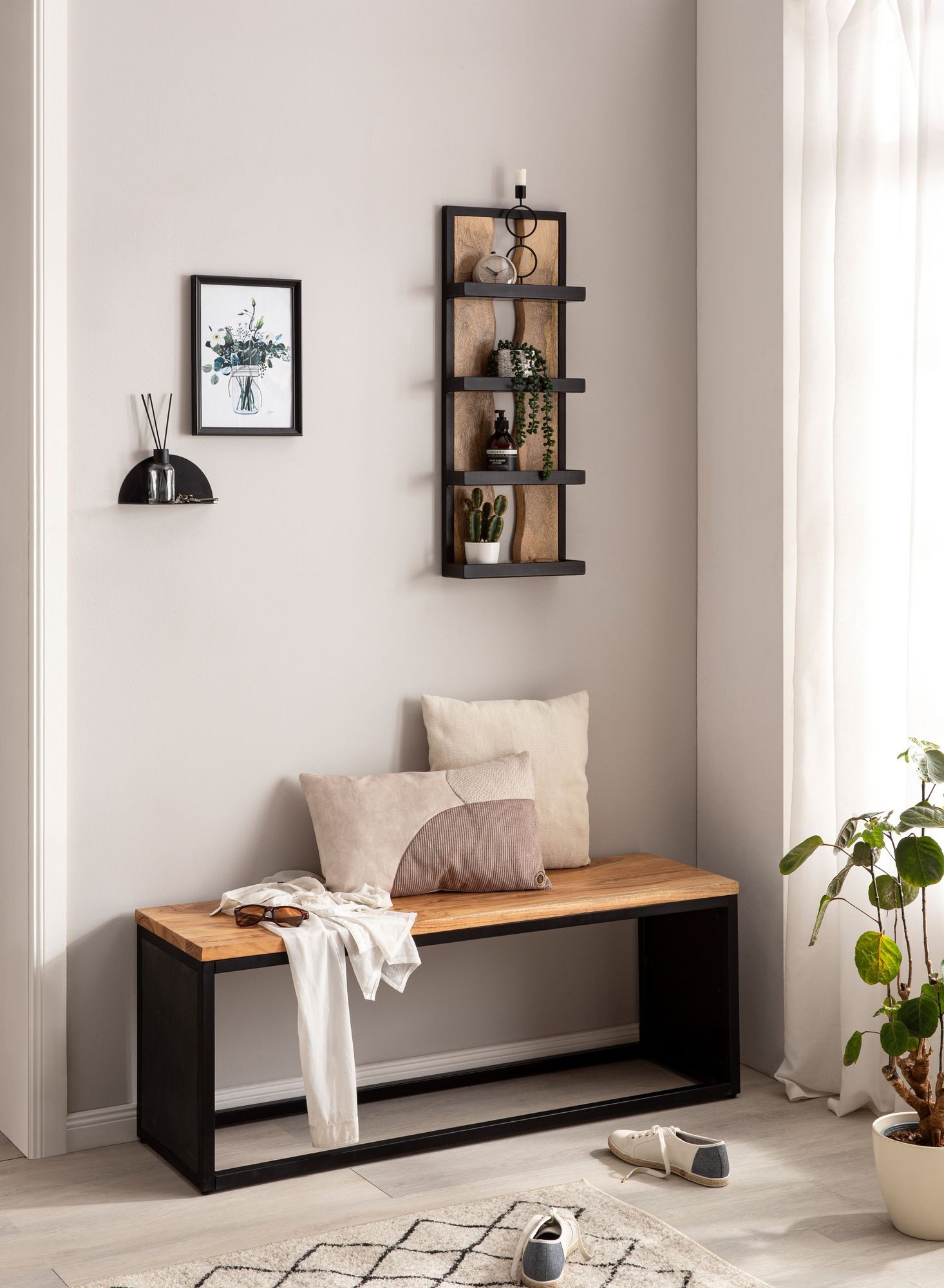 FINEBUY Wandregal FB95877 Hängeregal 30x80x10 cm Massivholz Metall Regal Industrial, 30x80x10 cm Mango Massivholz Metall Hängeregal, Schweberegal Rechteckig, Regal Hängend Industrial
