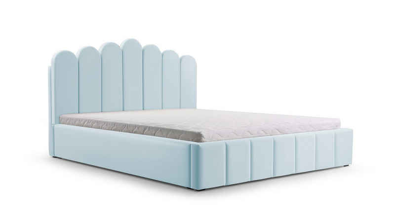 MOEBLO Polsterbett Bett 03 (Double Doppelbett mit Kopfstütze, Rahmenbettgestell, mit Bettkasten und Lattenrost), gepolstertes Kopfteil