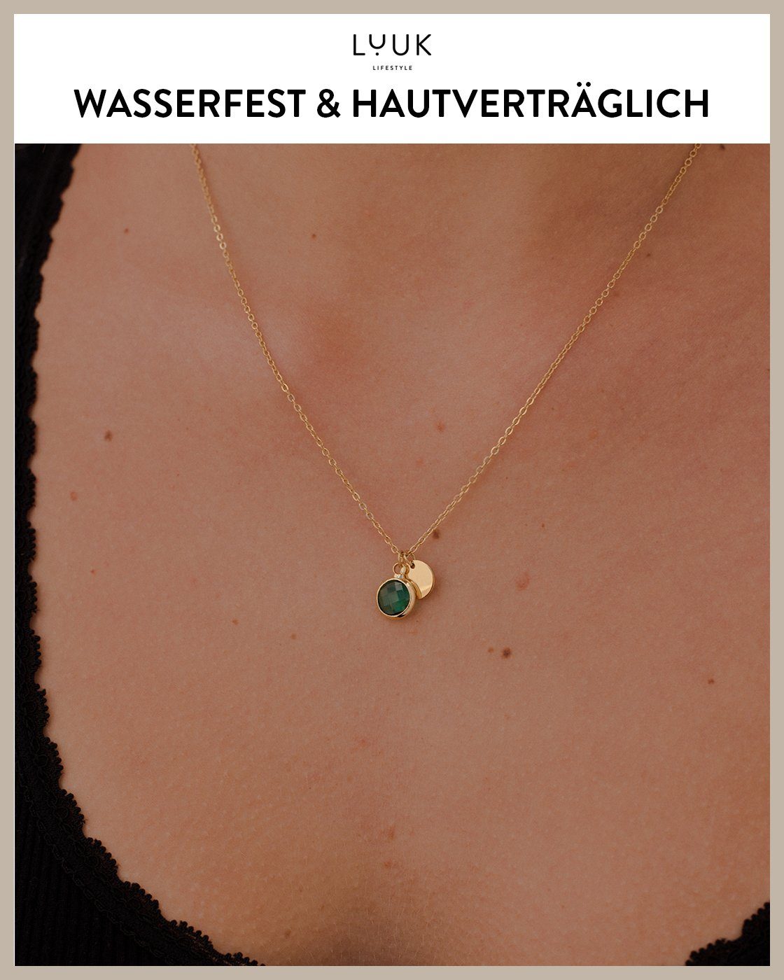 Anhänger Edelstahl Layer Schmuckstück, grüner Anhänger Accessoires, Spruchkarte, Glücksbringer, stilvolle LIFESTYLE und Kette Kristall Gold LUUK mit Look, persönlicher Kette, Yoga Kristall, Abendschmuck, grüner