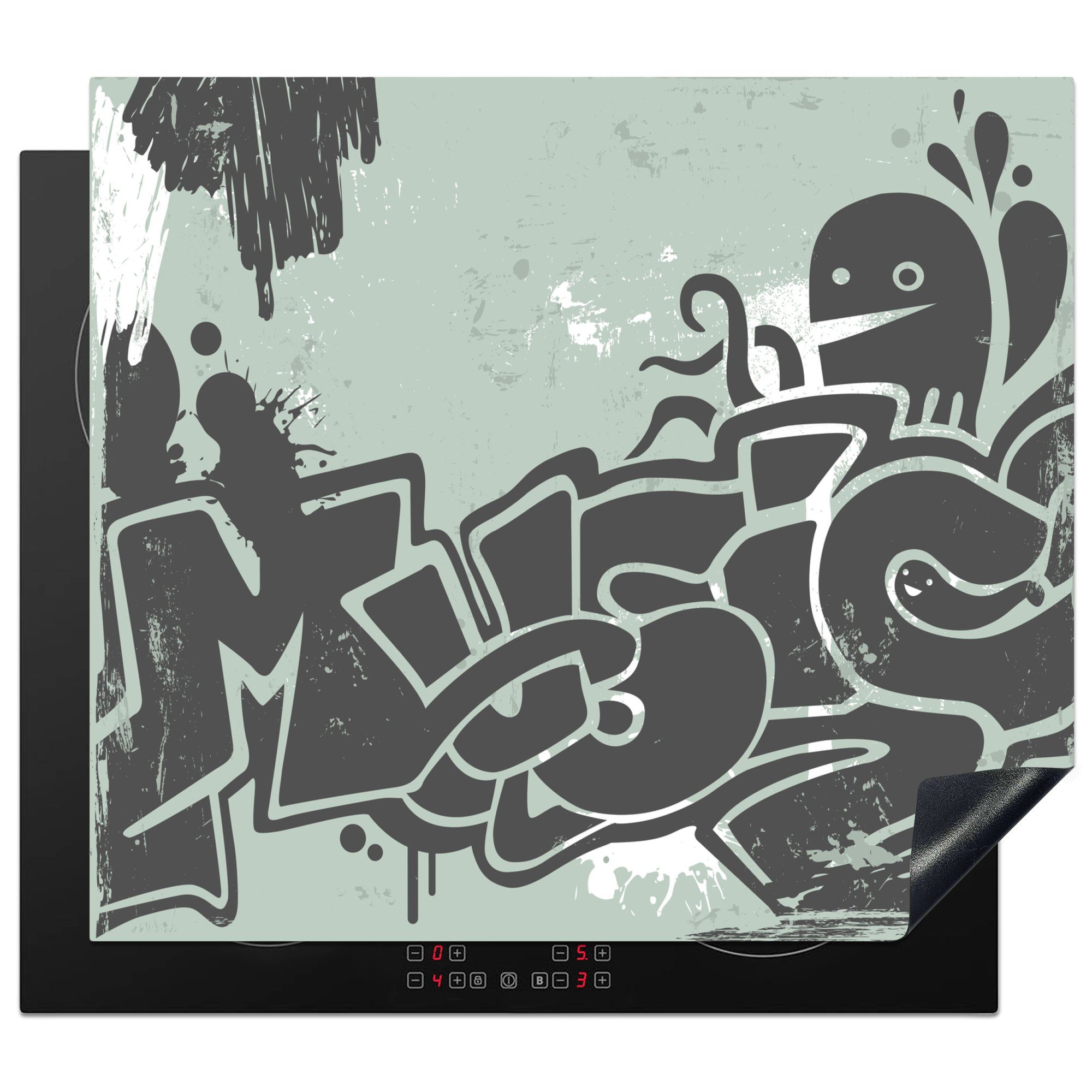 MuchoWow Herdblende-/Abdeckplatte Illustration von Straßenkunst (1 Vinyl, Ceranfeldabdeckung nutzbar, Text Music, Mobile cm, 60x52 mit dem tlg), Arbeitsfläche