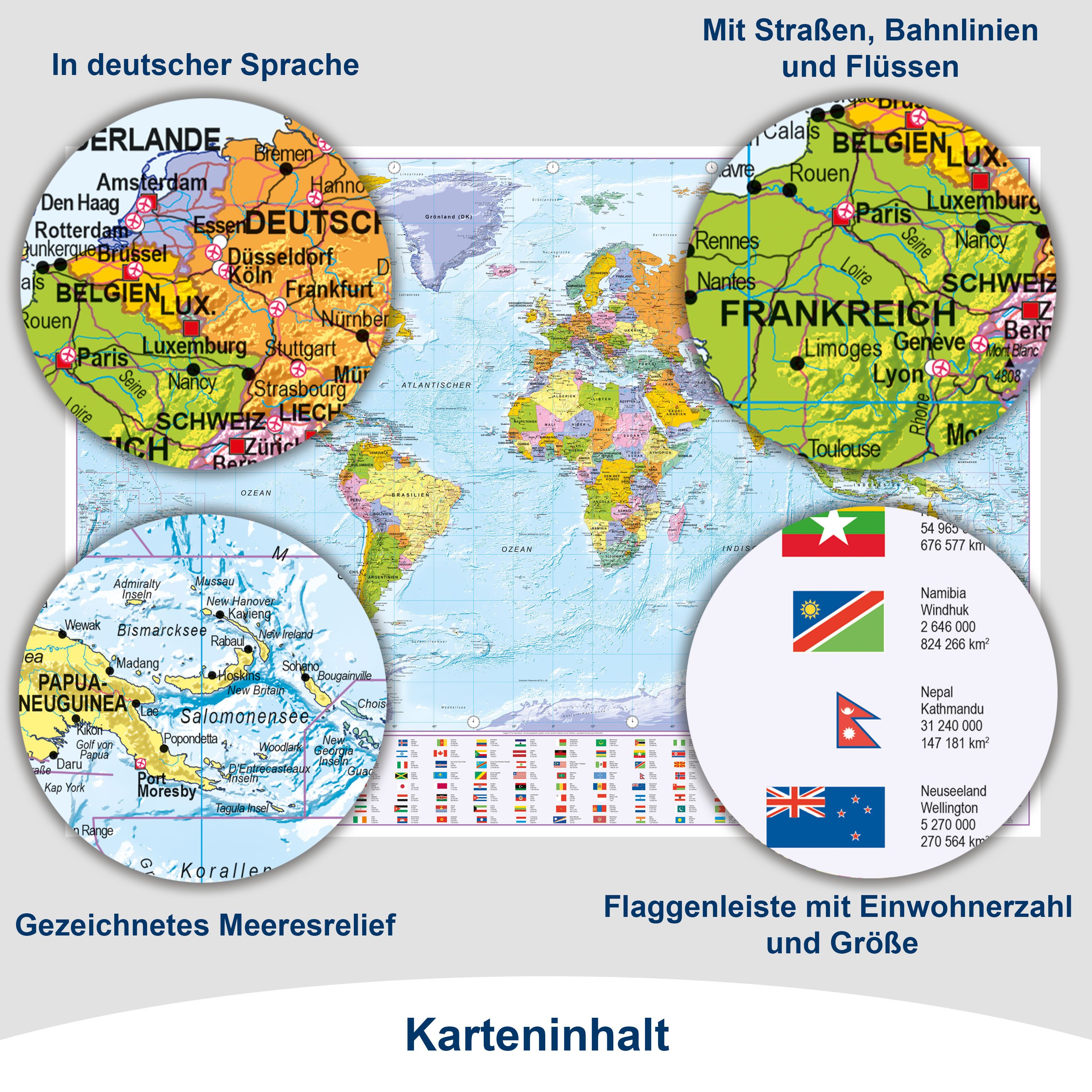 Interkart Landkarten & Globen GmbH Poster Weltkarte in Deutsch mit Flaggen 2025 XXL Format, Oberflächen beschichtetes Poster