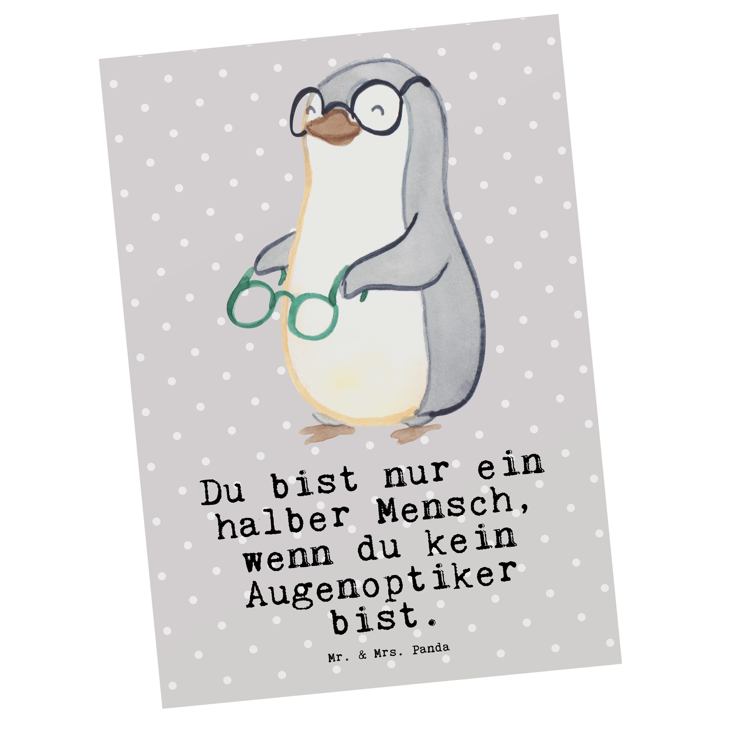 Mr. & Kollege, Geschenk, Augenoptiker Herz Mrs. Panda Grau Postkarte mit Bril - - Pastell Beruf