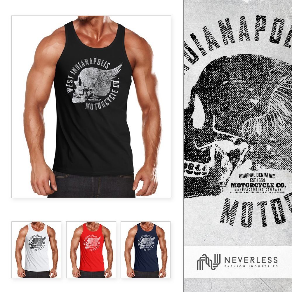 Neverless Vintage Totenkopf Tank Top Biker Print Neverless® mit Wings navy Motorrad Tanktop Herren Skull
