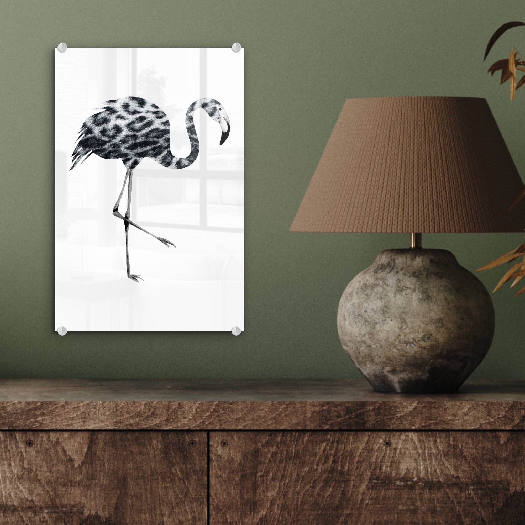 MuchoWow und - Bilder St), - auf Schwarz Wanddekoration (1 Wandbild auf Foto Pantherdruck, Acrylglasbild Glasbilder Flamingo - - Glas - Glas weiß bunt