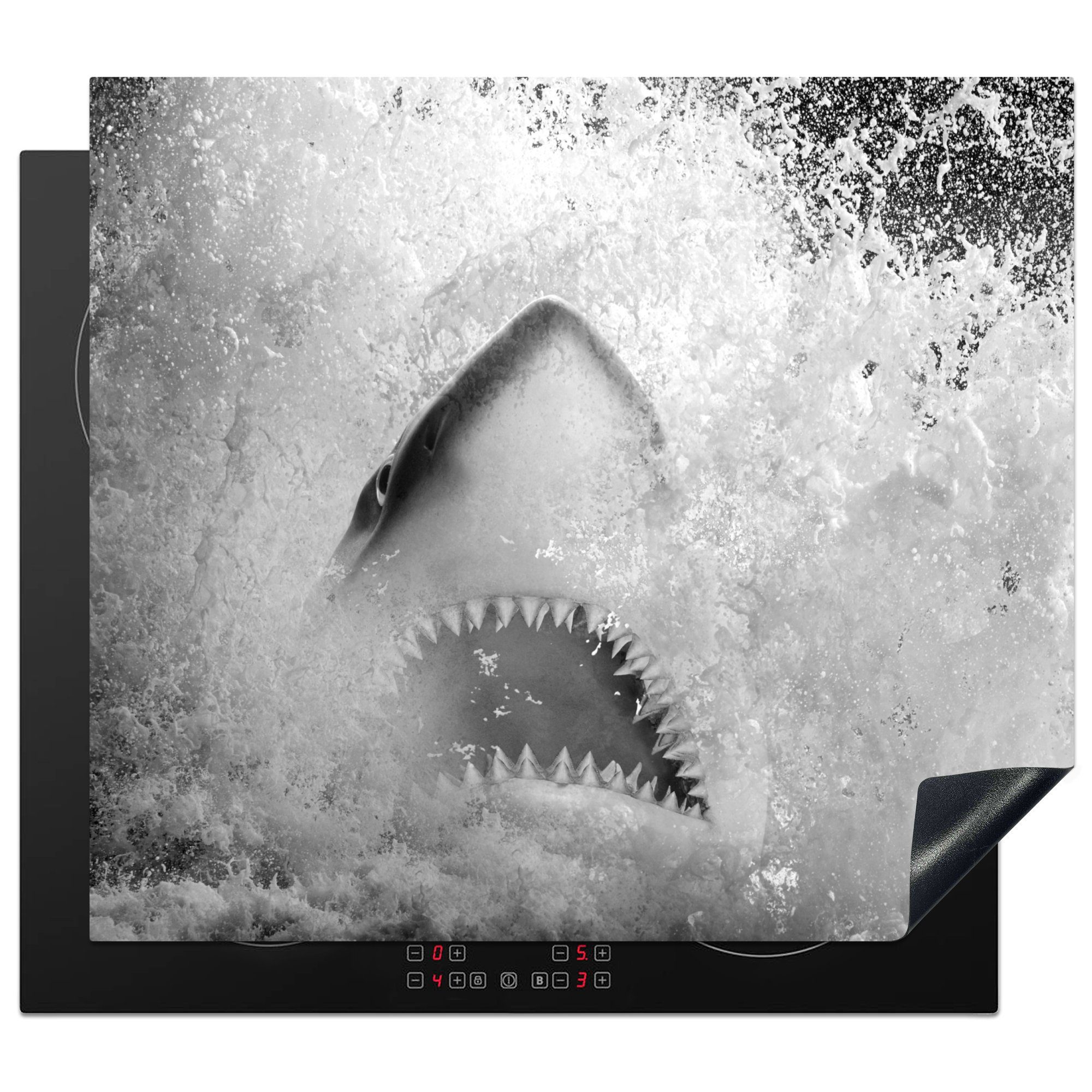 MuchoWow Herdblende-/Abdeckplatte Hai kommt aus dem Wasser - schwarz und weiß, Vinyl, (1 tlg), 60x52 cm, Mobile Arbeitsfläche nutzbar, Ceranfeldabdeckung