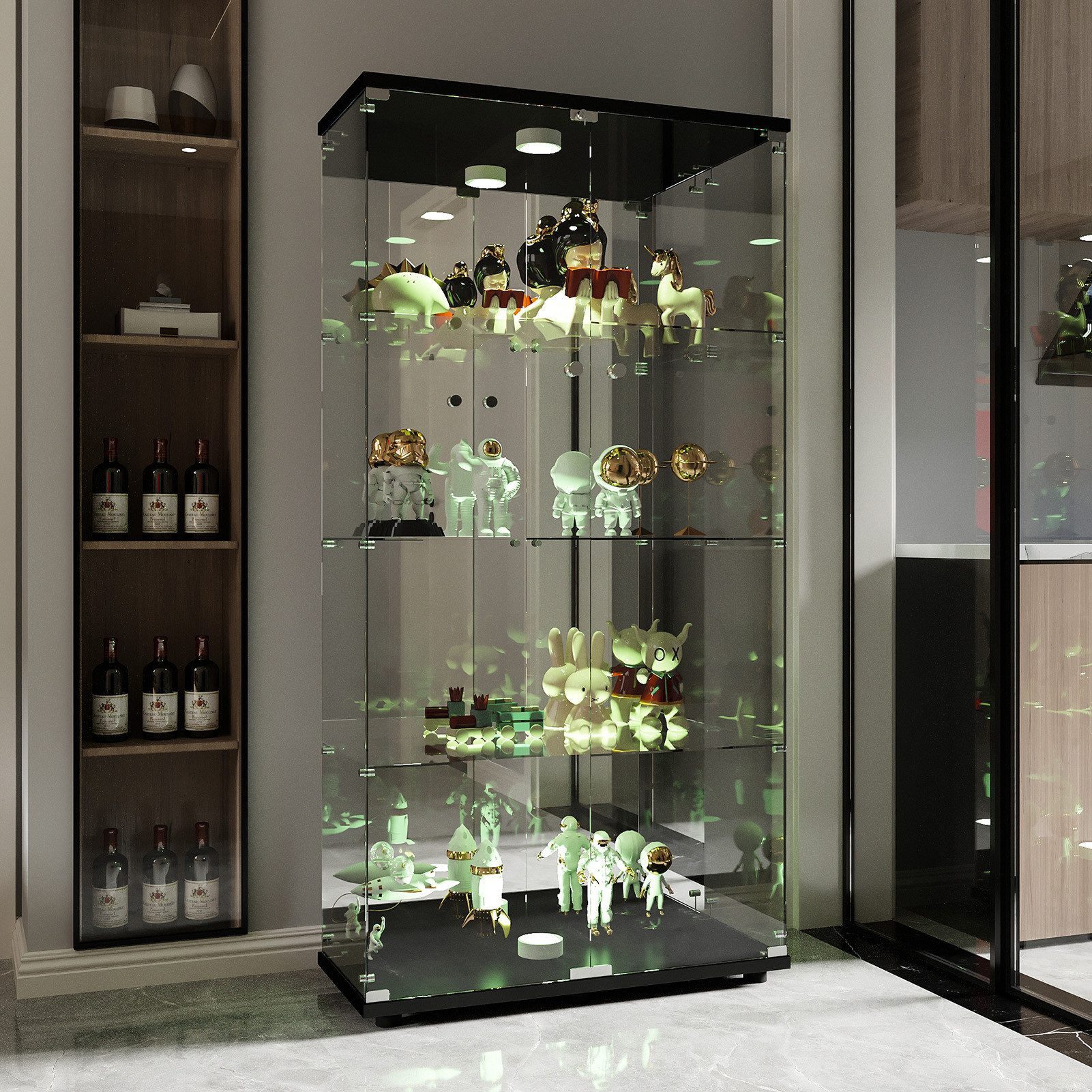 ADWOLT Glasvitrine Standvitrinen mit LED-Beleuchtung, 4-Lagen Vitrine (80.5 x 36.5 x 163.9cm, Rückwand aus gehärtetem Spiegelglas) Vitrinenschrank mit 2 Glastür für Sammler, Sammlervitrine
