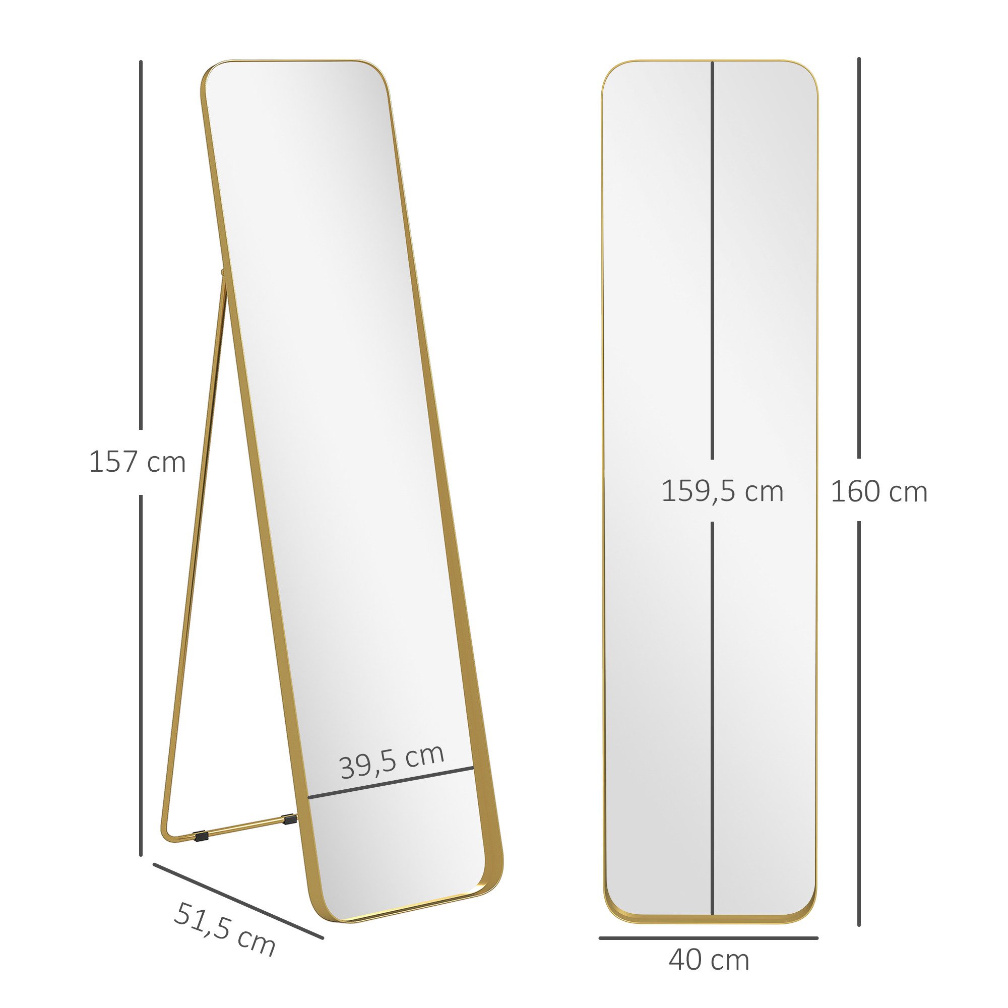HOMCOM Standspiegel rechteckiger Ganzkörperspiegel mit abgerundeten Ecken (für Schlafzimmer, Wohnzimmer, 1-St., zum Aufstellen auf dem Boden oder an die Wand), 40 x 6 x 160 cm, Gold