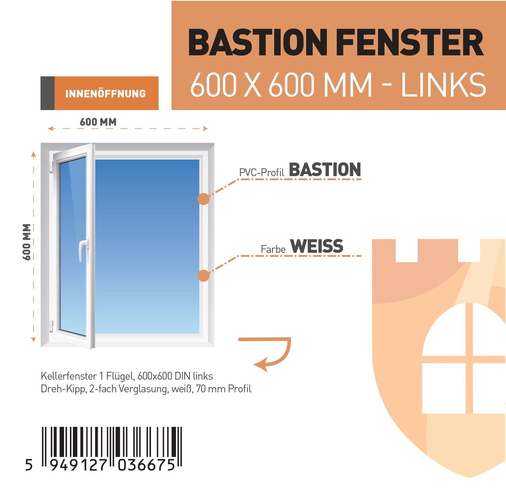 70 Sicherheitsbeschlag, 1 Hochwertiges 5-Kammer-Profil Flügel SN 600x600 2-fach Verglasung DECO GROUP (Set), - links mm fensteröfnung RC2 Profil, weiß Weiß Kellerfenster