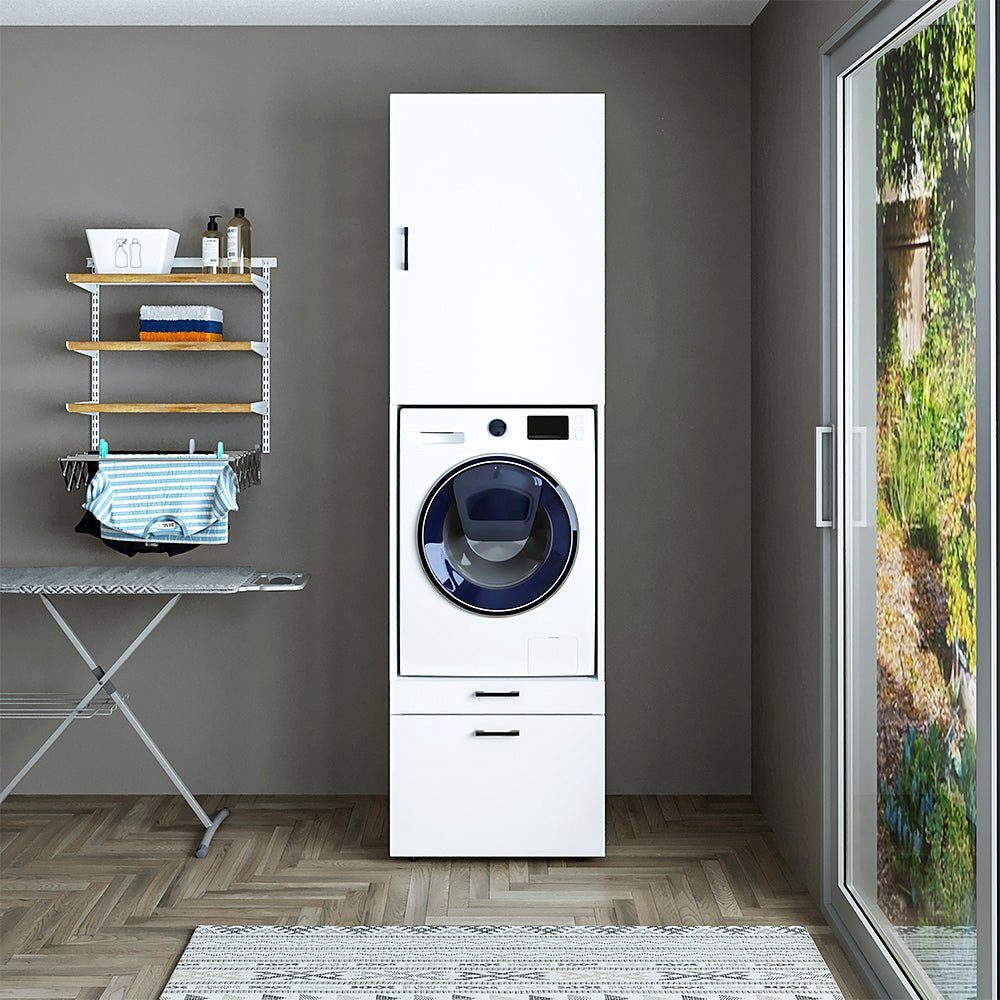 | Waschmaschinenumbauschrank Roomart mit Waschturm Mehrzweckschrank) Schrankaufsatz (Waschmaschinenschrank weiß Weiß