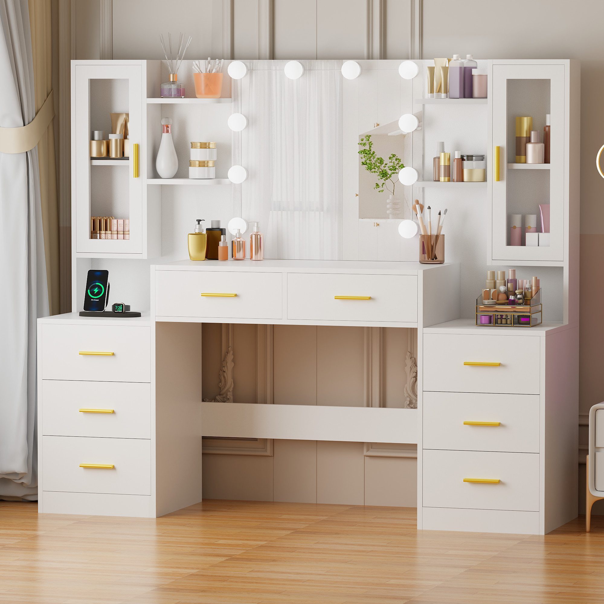 BEWISHOME Schminktisch 150x40x135 cm, 8 Schubladen, LED-Beleuchtung (1-St), mit Steckdose, USB-Anschlüssen & geräumigem Stauraum