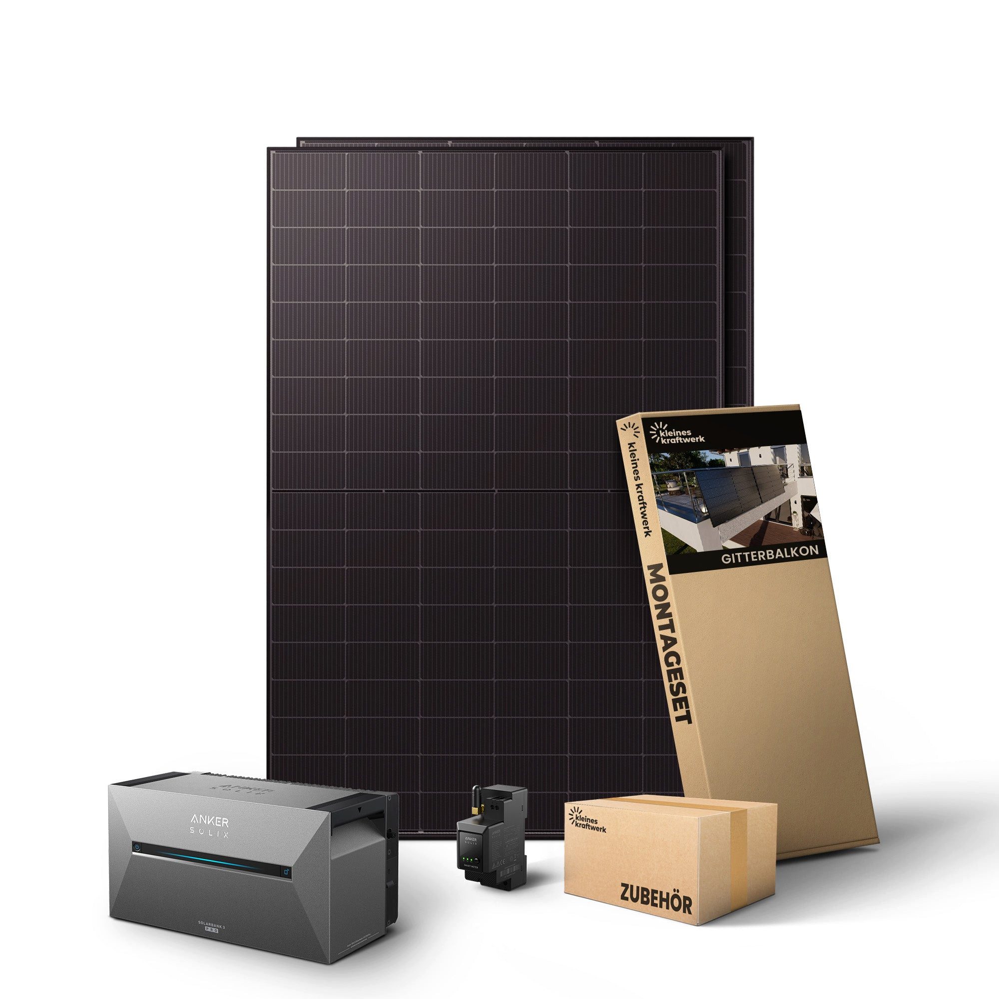 Kleines Kraftwerk Balkonkraftwerk, 1000 W, Monokristallin, (Gitterbalkon, 0% MwSt für Privatkunden - Solaranlage Komplettset mit Speicher), 2 x 500W, Anker Solarbank 3 Pro, Wechselrichter