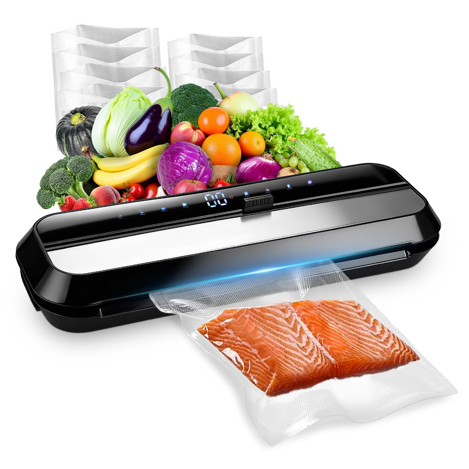JVJH Вакуумные упаковщики 85kPa Vakumierergerät für Lebensmittel,12-in-1 Folienschweißgerät, 120W, für Trockene, Feuchte, Frische, mit Schlauch und 20 Vakuumier-Beutel