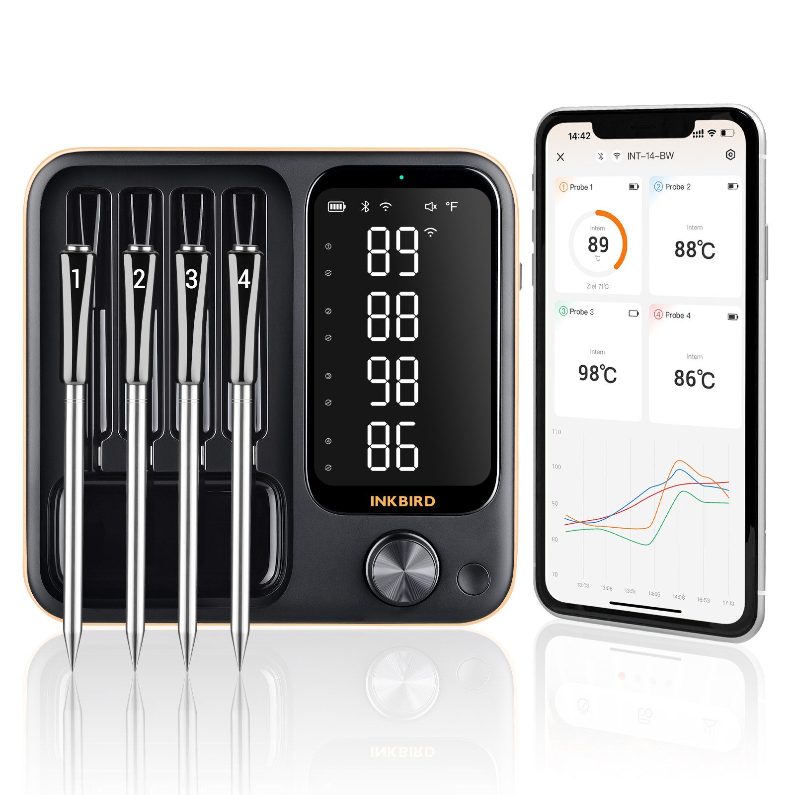 INKBIRD Grillthermometer Kabelloses Fleischthermometer für Ofen, Grill & Smoker, 3 Betriebsmodi, 4 kabellose Sonden, hohe Genauigkeit, IP67 wasserdicht