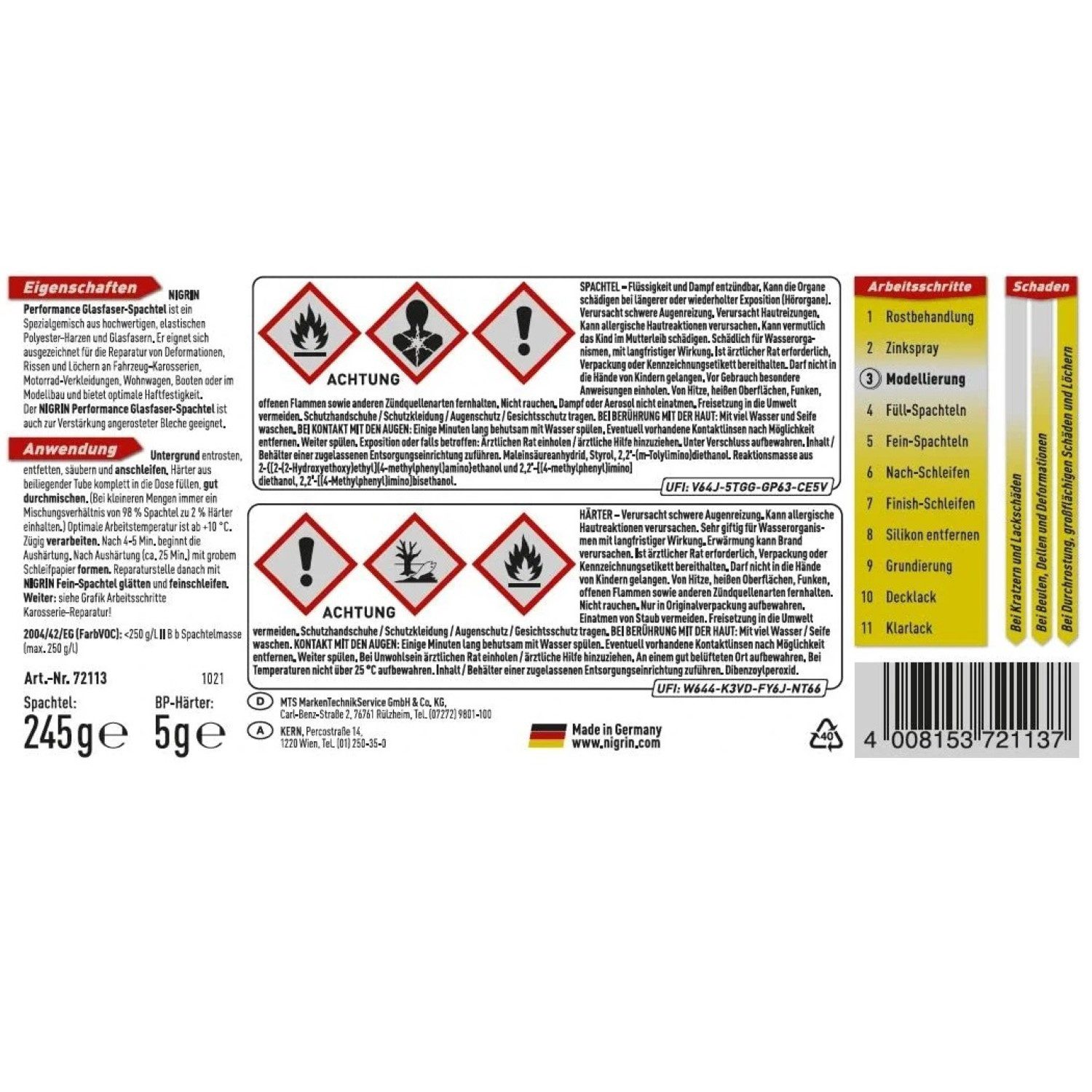 NIGRIN Spachtelmasse 2K Glasfaser-Spachtel mit Härter 250g Auto, Glasfaser-Spachtel Auto-Spachtel Reparatur-Spachtel Polyester-Harzen