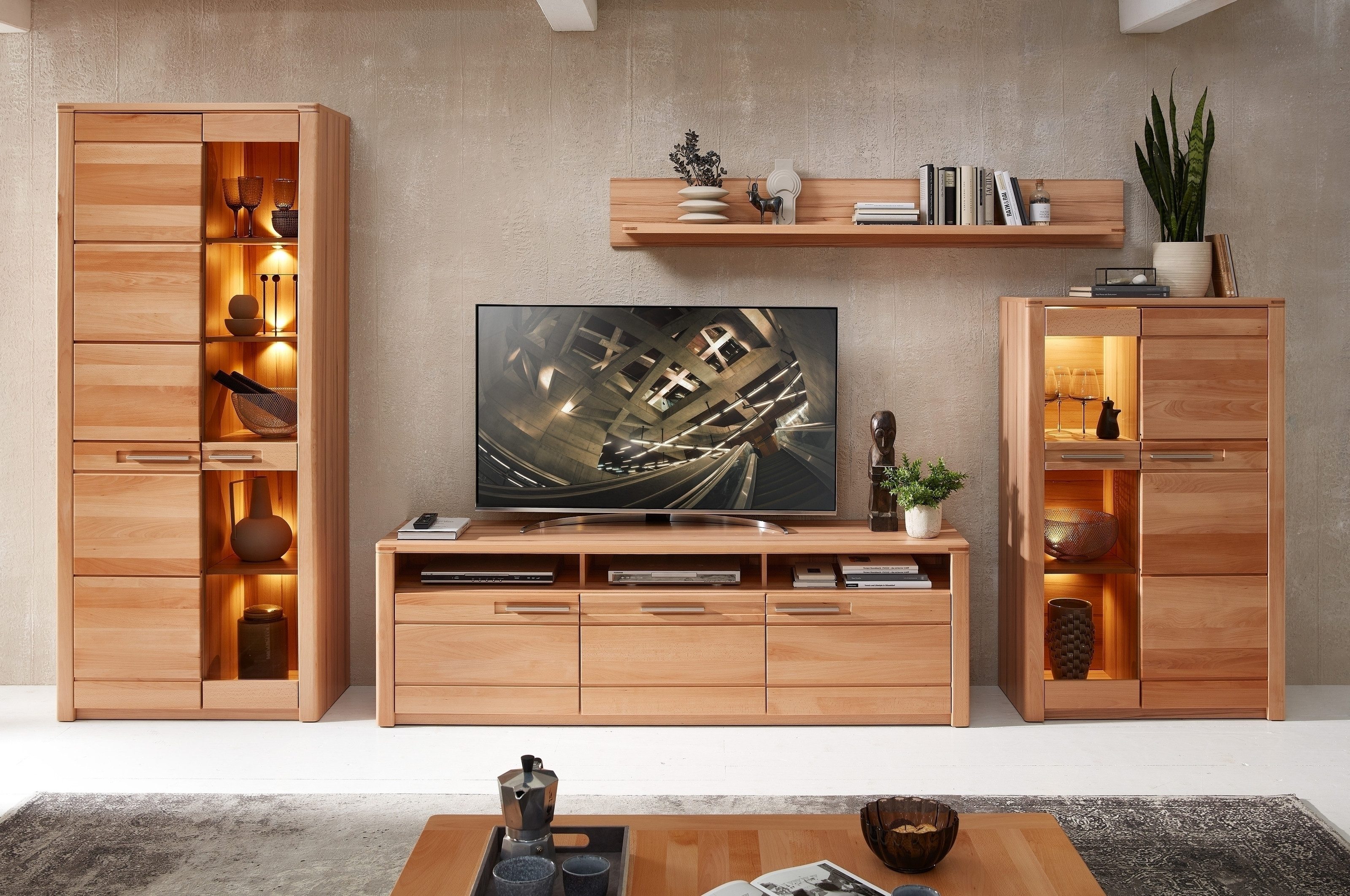 freiraum Wohnwand Nature One, 4-teilig, mit LED, FSC, in Kernbuche teimassiv - 390x203x45cm (B/H/T)