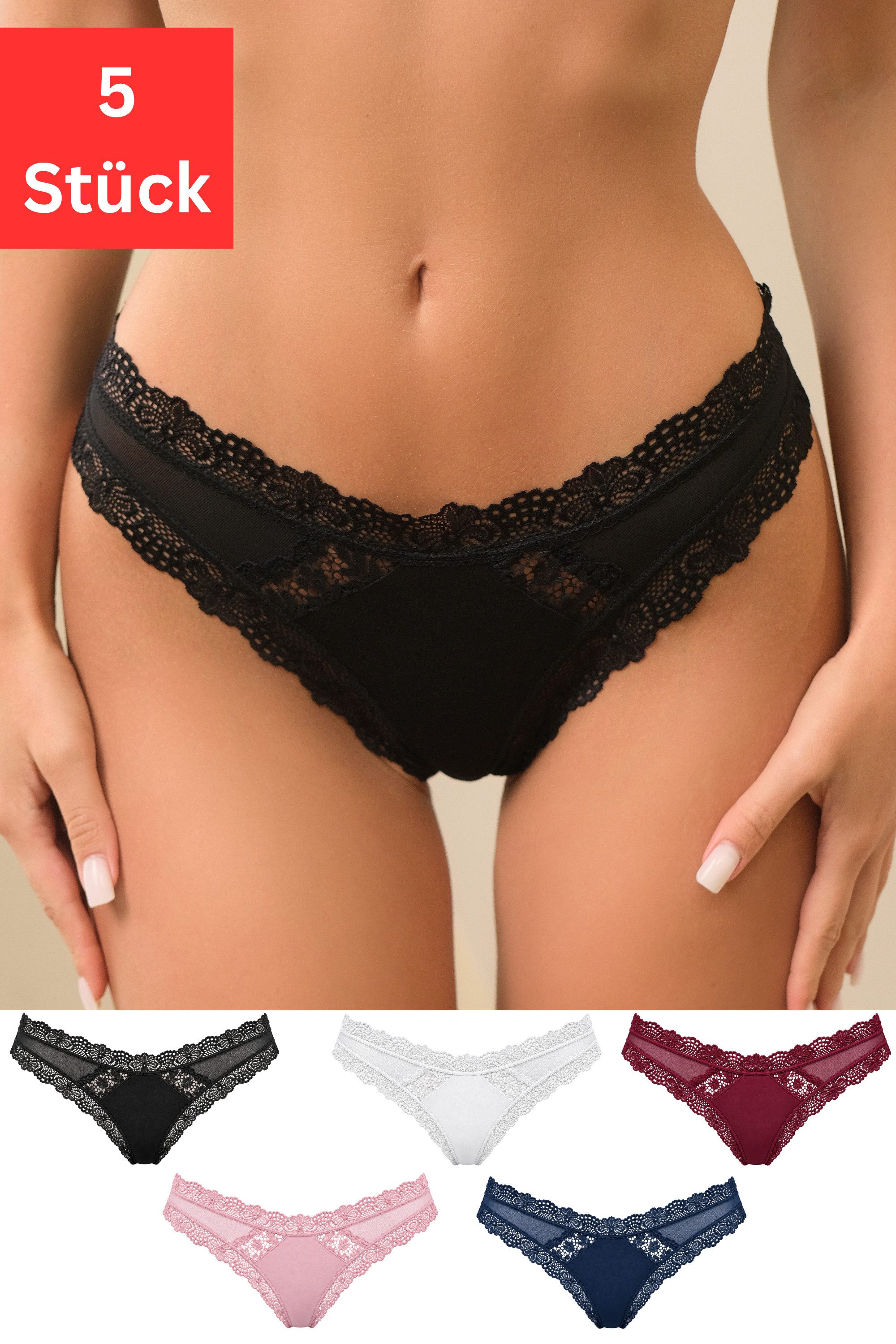 Elegant Love Stringtanga Tangaslip Damen aus Spitze – transparente Dessous mit Zierbändern (Packung, 5-St., 5er-Pack) V-String mit floraler …