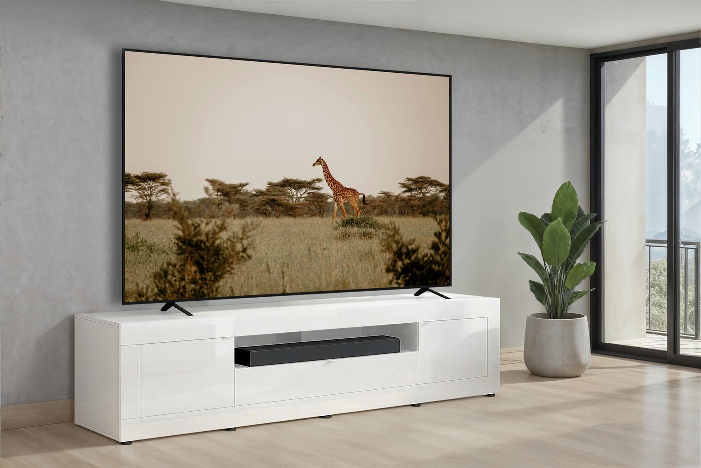 OTTO home Lowboard Basic, 245 cm breit, 47 cm tief, 2 Türen, 1 Schubkasten, Medienboard, Hochglanz Lack, Metallgriffe, geeignet für bis zu 98-Zoll-TV