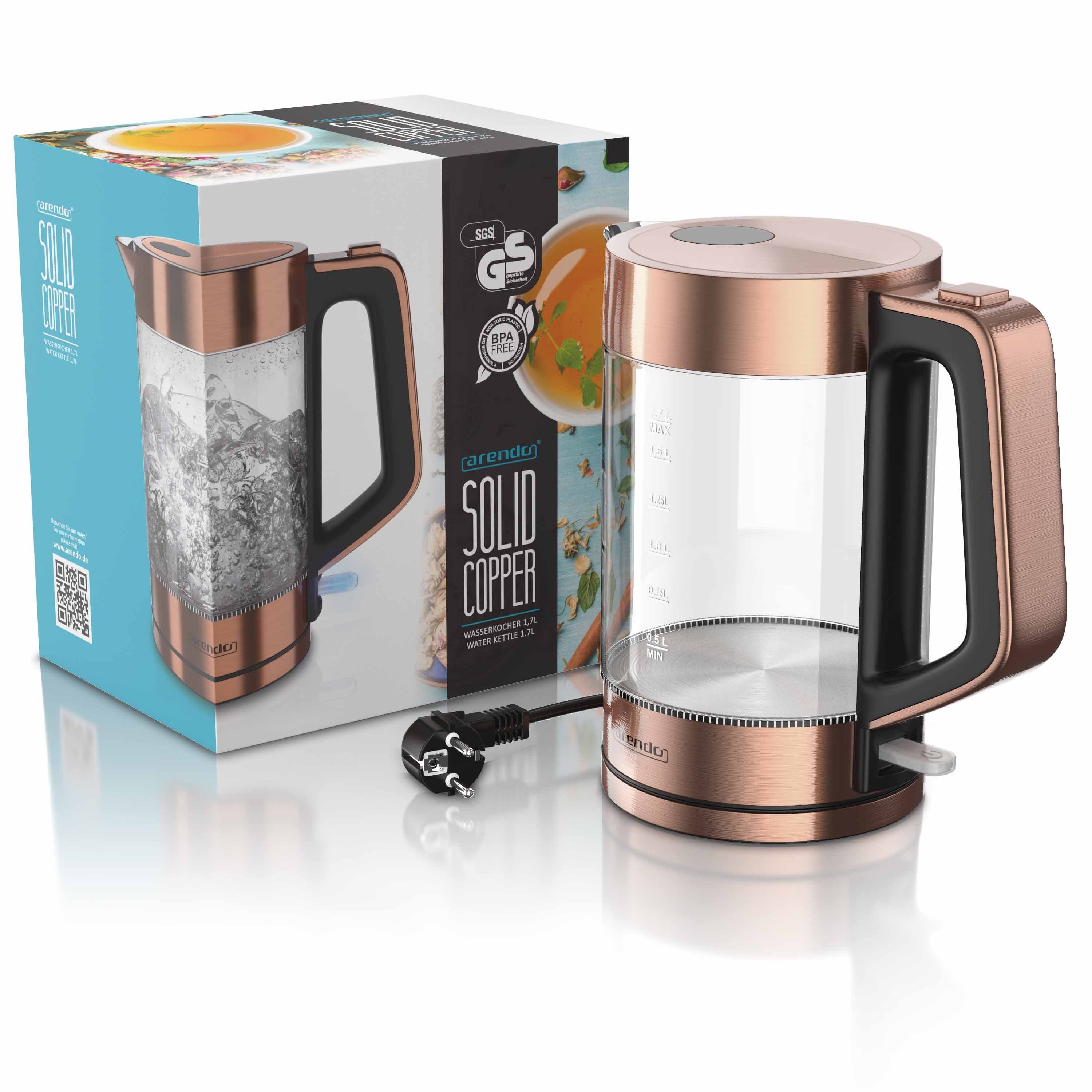 Arendo Wasserkocher aus Glas & Edelstahl, Cool-Touch-Griff, Füllstandsanzeige, Kupfer, 1,7 l, 2200 W, Überhitzungsschutz, One Touch Verschluss, automatische Abschaltung