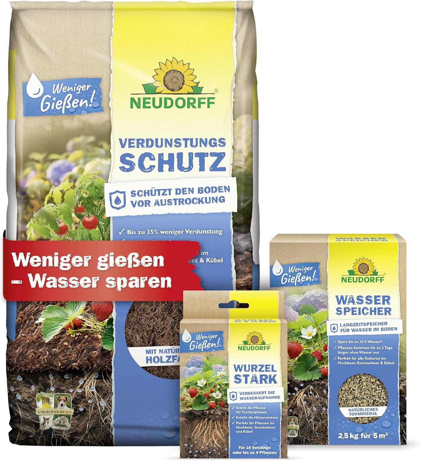 Neudorff Gartendünger Wasserspar-Set speichert Wasser reduziert Verdunsten, 1-St., 1 Set aus 3 Produkten, 3-in-1 Wasserspar-Set mit natürlichen Inhaltsstoffen