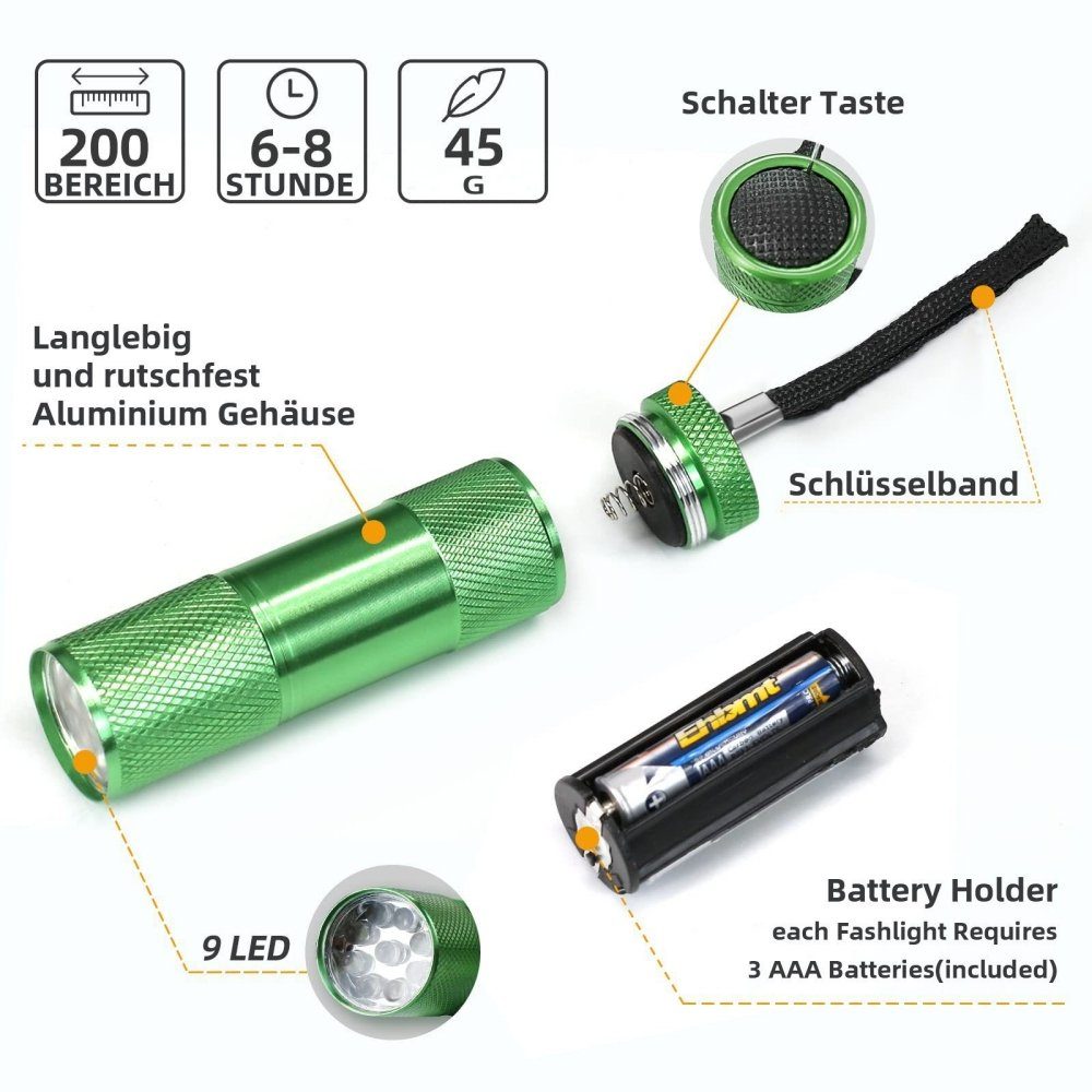 MDHAND 6-St), Batterien, und staubdicht, Farben mit 6 LED wasser- Mini-Taschenlampenset (Set, Taschenlampe LED Taschenlampe
