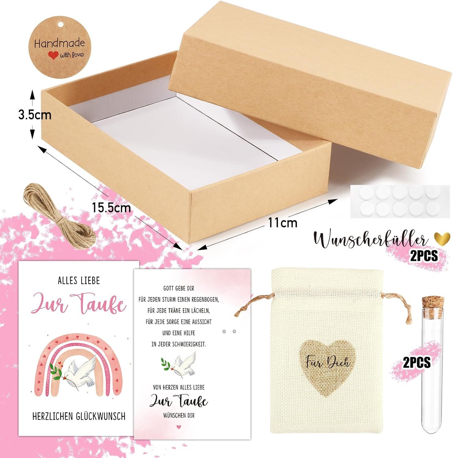 Wiladu Spardose Taufe Geschenkbox Taufgeschenk Reagenzglas Jutesäckchen