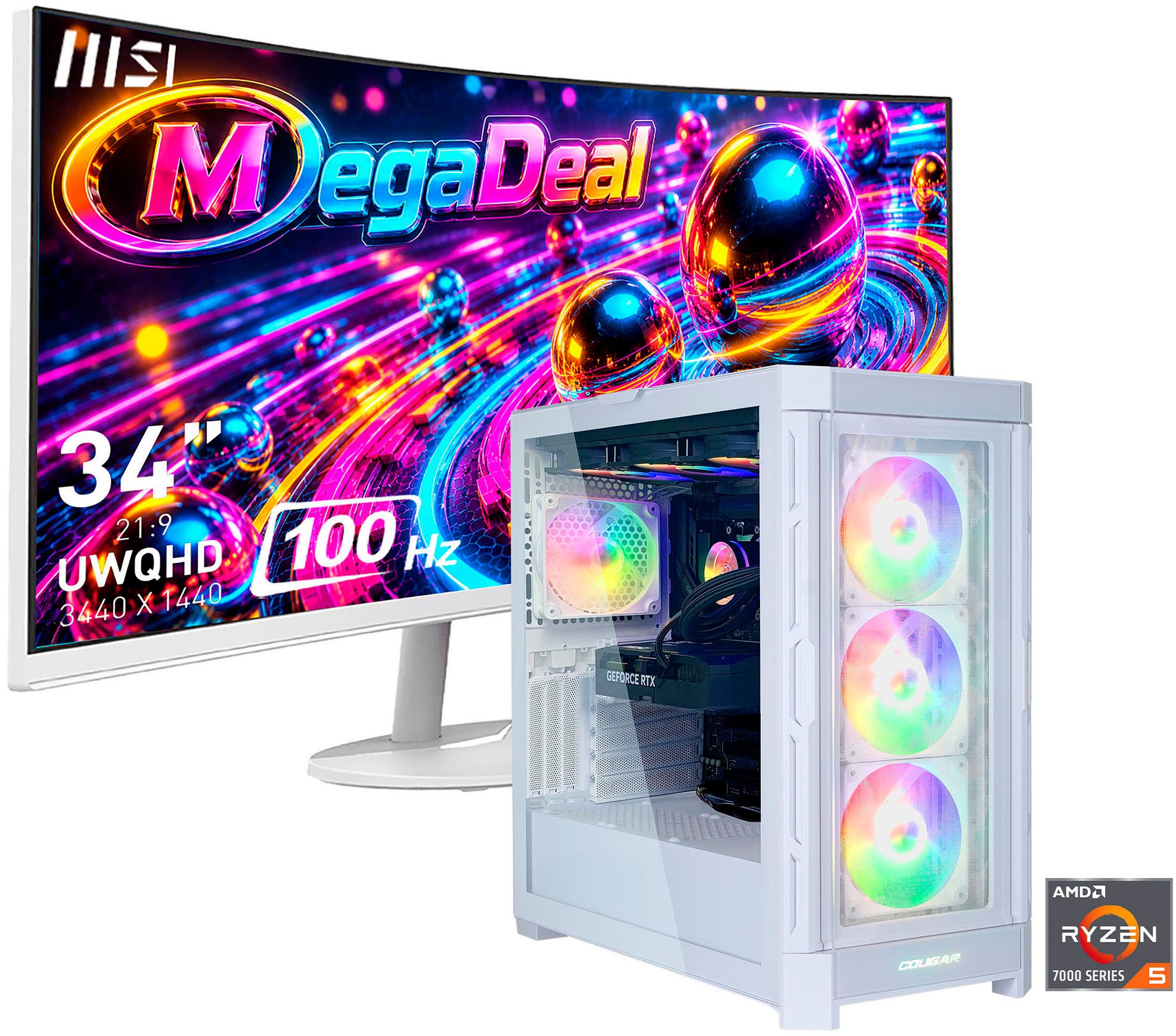 Cougar MegaDeal DUOFACE PRO WT 2887 Ryzen 5 7500F 32GB DDR5 1TB SSD RTX 5070 Gaming-PC-Komplettsystem (34", AMD Ryzen 5 7500F, RTX 5070, 32 GB RAM, 1000 GB SSD, Windows 11, DDR5 RAM+ MSI PRO MP341CQW LED-Monitor Curved 86,4cm (34)