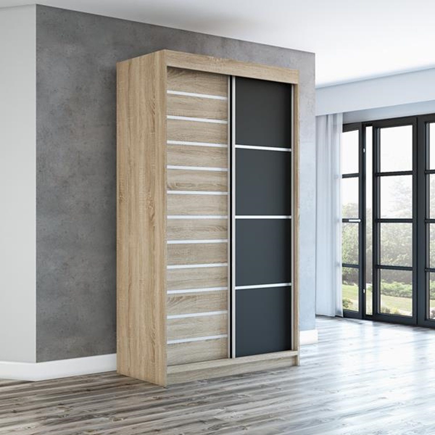 A&J MöbelLand GmbH Schiebetürenschrank COLIN (TOP ANGEBOT! Geräumiger Schrank mit viel Stauraum:6 Regalen und 1 Kleiderstange – -ideal zur Aufbewahrung von Kleidung und Accessoires. TOP PRODUKT! Farbe und Größe (120 cm, 160 cm, 180 cm) zur Auswahl -wählen Sie das ideale Modell für Ihr Schlafzimmer!, Kleiderschrank mit Regalen) Breite: 120 cm, 160 cm, 180 cm, Höhe: 215 cm, Tiefe: 59,5 cm
