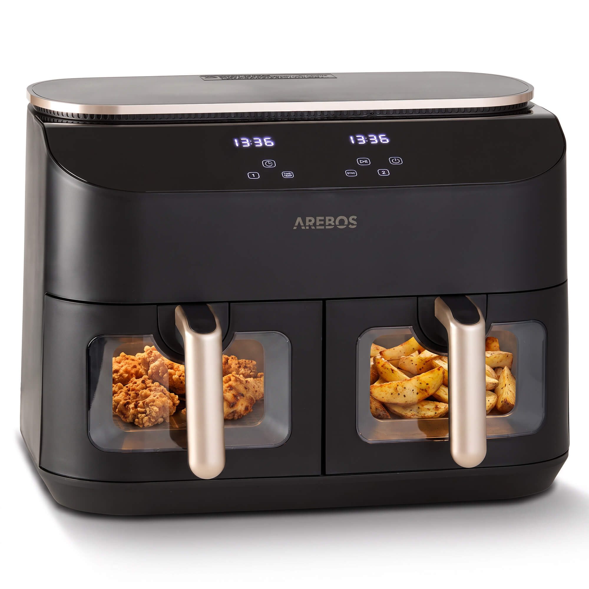Arebos Heißluftfritteuse AR-HE-DPH10, 2450 W, 2 separat steuerbare Garzonen, SYNC- & MATCH-Funktion, 2 Sichtfenster