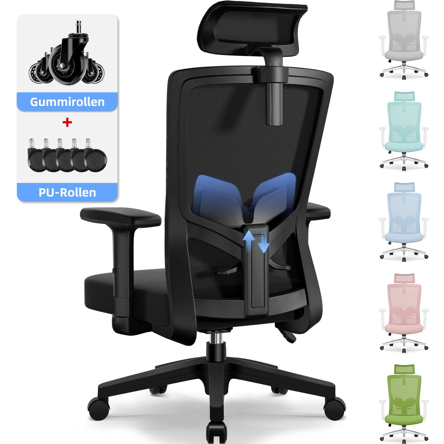 Bürostuhl Ergonomisch – Mit Netzrücken, Lendenstütze, Armlehnen & Höhenverstellbar, Bis 150 Kg Belastbar
