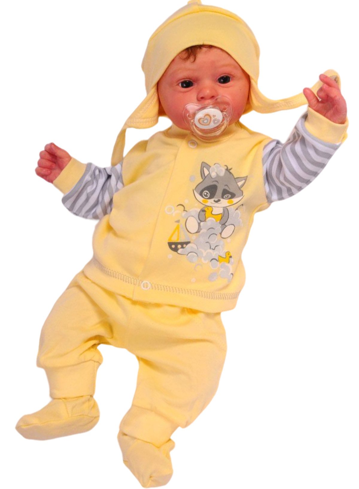 La Bortini Anzug 3-teilig Baby Anzug 3Tlg. Hose Hemdchen Mütze in Gelb mir Waschbär aus reiner Baumwolle, 44 50 56 62 68 74 80