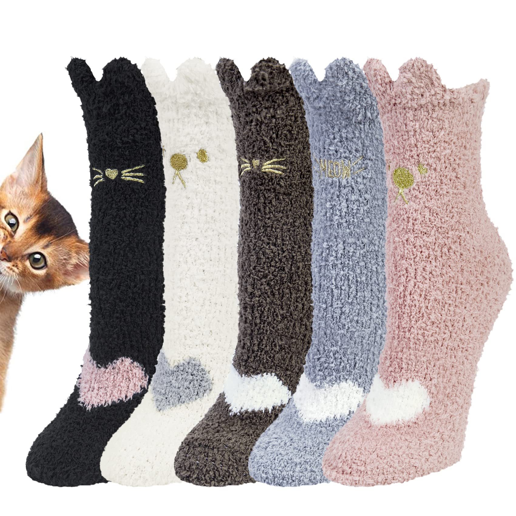 FOUORTUNATE-BEE Thermosocken 5 Paar Damen Kuschelsocken mit Katzenmotiv – Warm & Flauschig (5-Paar) Dicke Wintersocken als Haussocken oder Bettsocken für Frauen