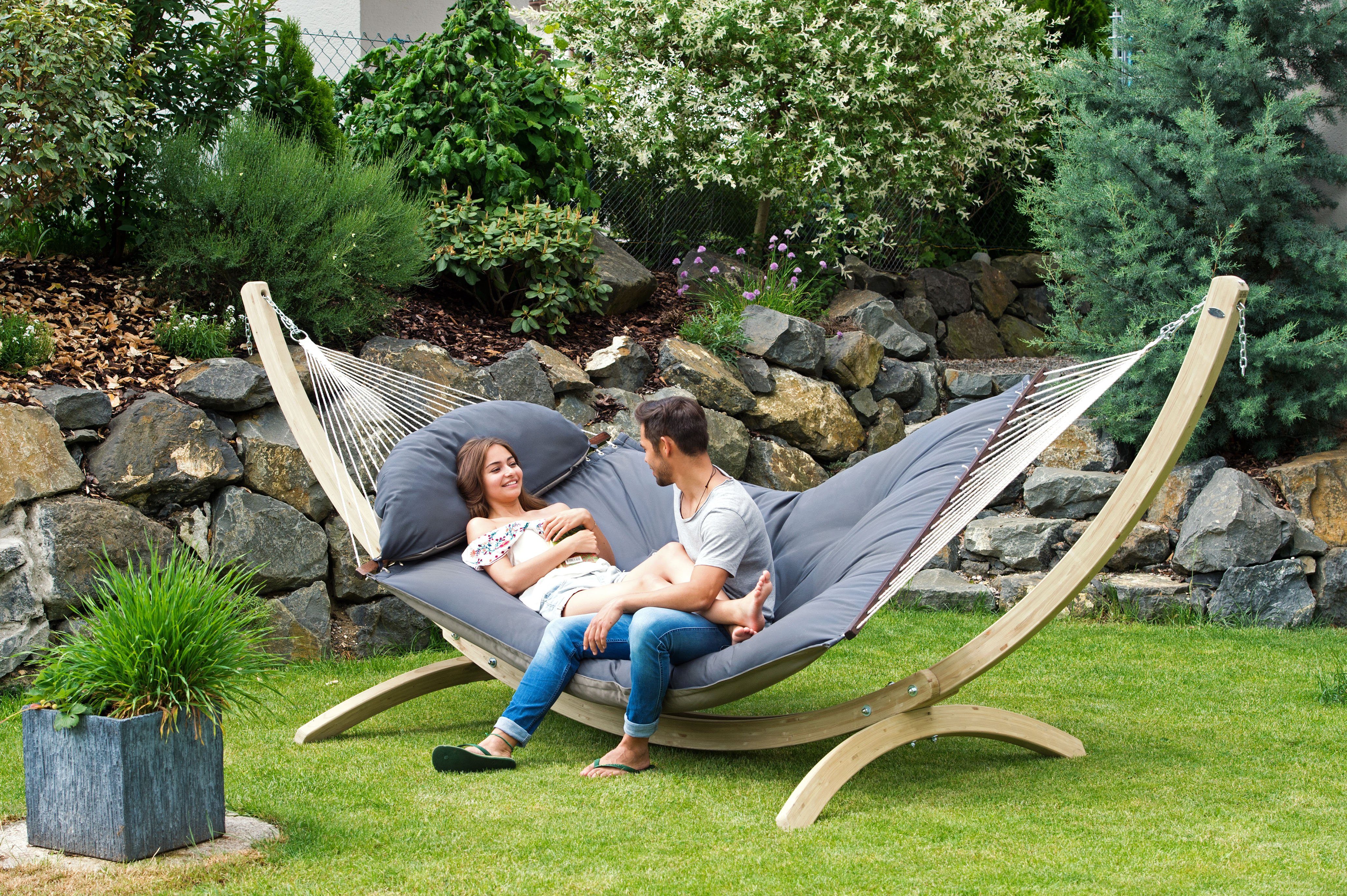 Amazonas Hängematte XXL Set Fat Hammock Taupe + Olymp-Gestell aus FSC-zertifiziertem Holz (Zweiseitig, Fat Hammock Set Taupe)