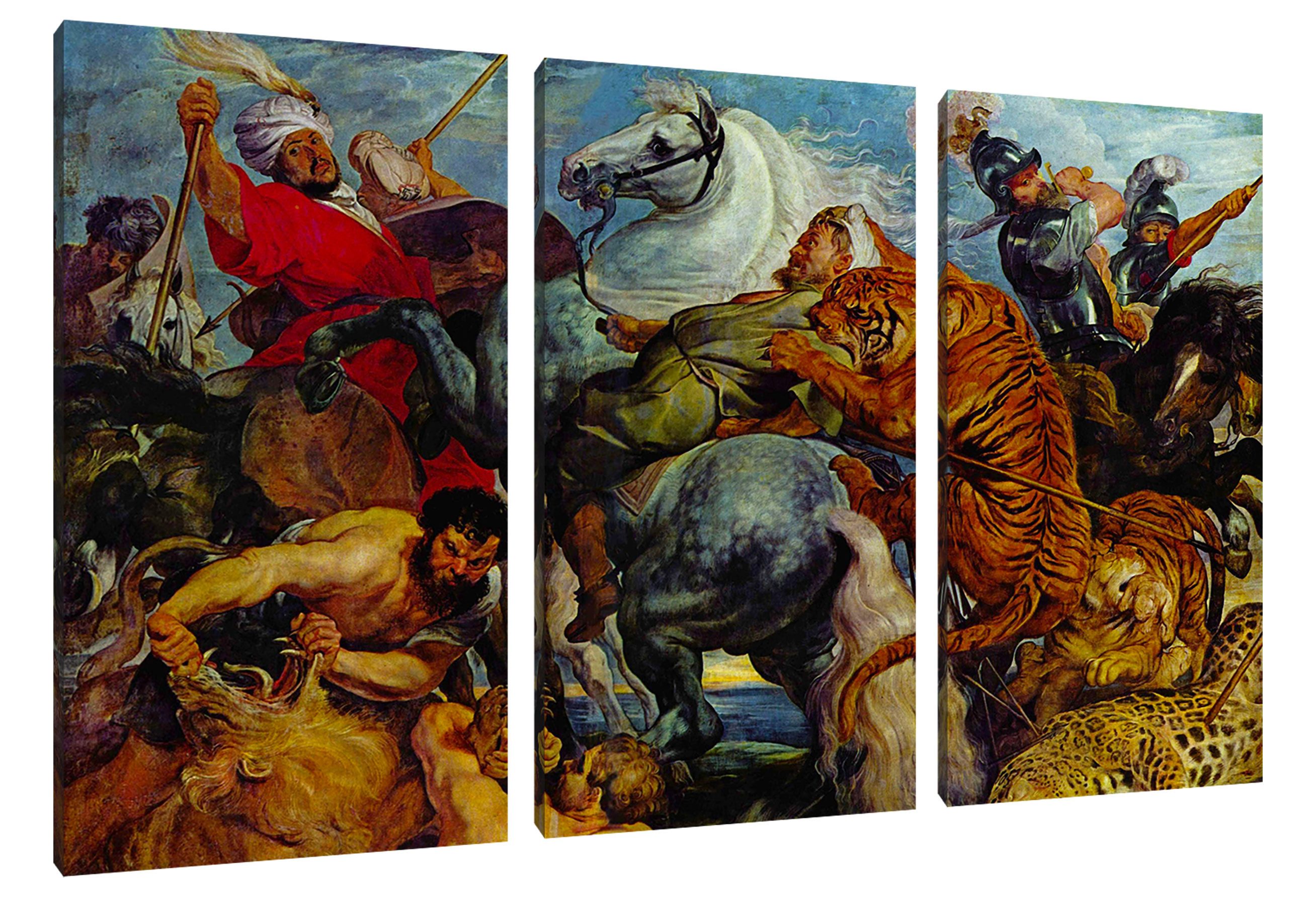 Pixxprint Leinwandbild Peter Paul Rubens - Tiger- und Löwenjagd, Peter Paul Rubens - Tiger- und Löwenjagd 3Teiler (120x80) (1 St), Leinwandbild fertig bespannt, inkl. Zackenaufhänger