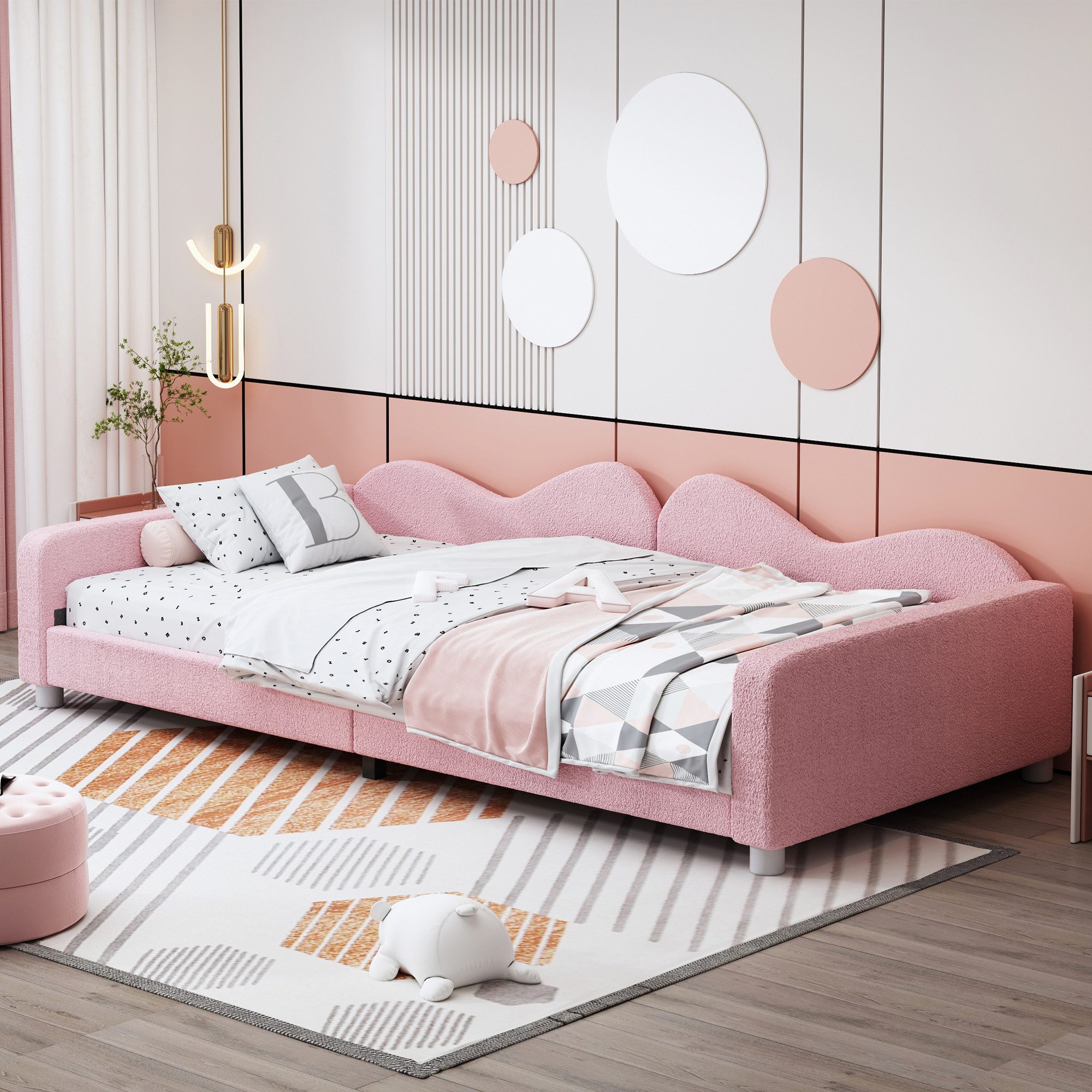 OKWISH Schlafsofa Kinderbett in kuscheligem pinken Teddystoff, 90x200 cm, mit Rückenlehne und Armlehnen, Ohne Matratze – ein gemütliches Nest zum Träumen und Entspannen