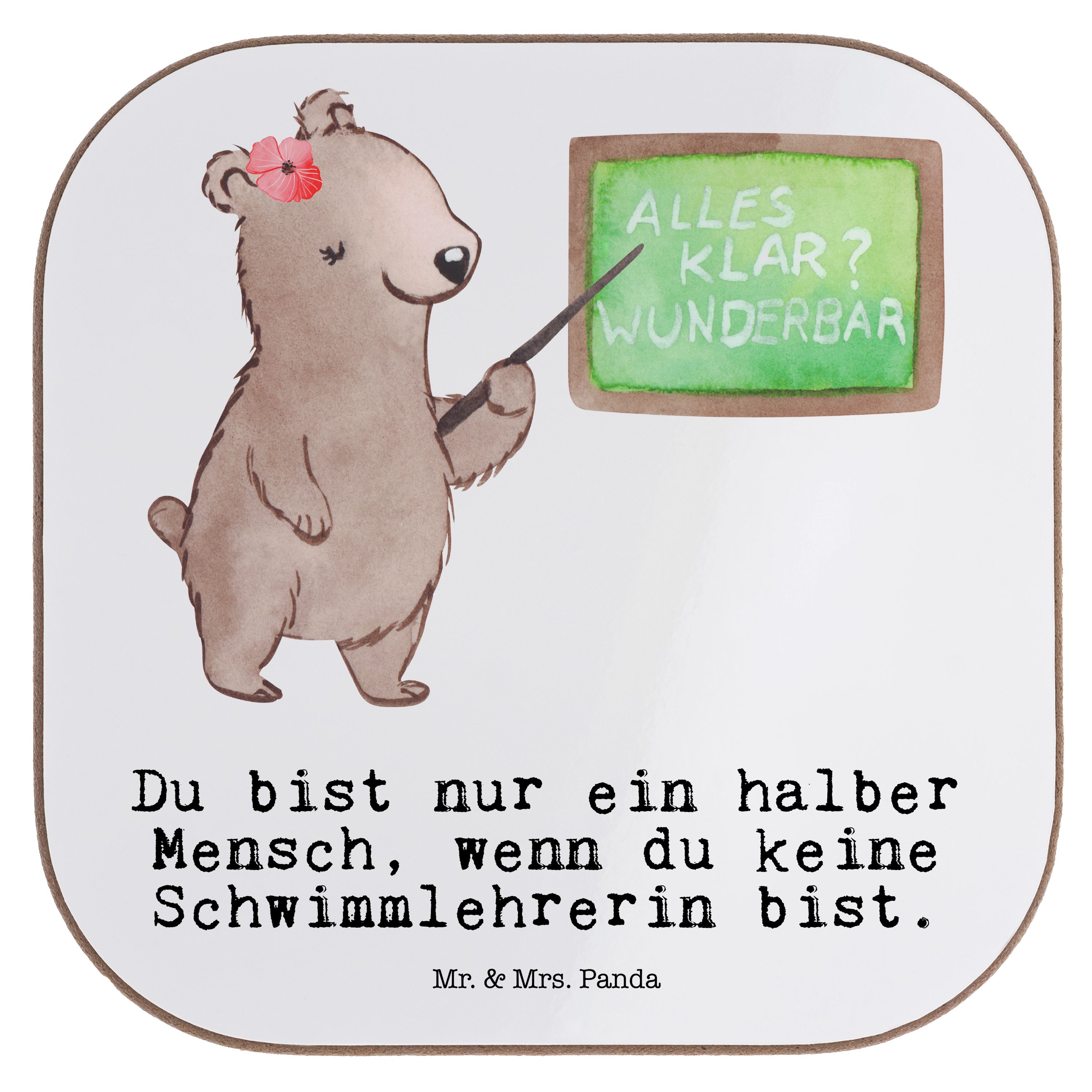 Mr. & Mrs. Panda Getränkeuntersetzer - Weiß Gläser, Untersetzer 1-tlg. mit Geschenk, Herz Schwimmlehrerin - Absch