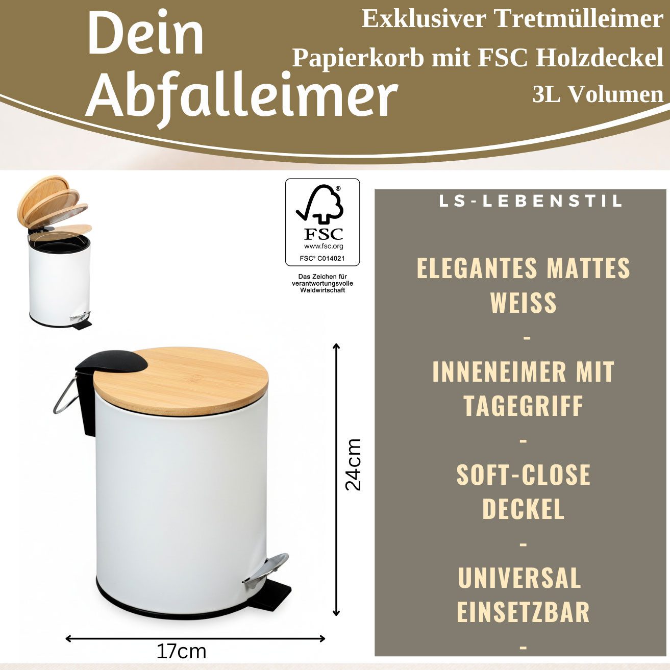 LS-LebenStil Kosmetikeimer Tretmülleimer Papierkorb 3L Soft Close Rund Fußpedal Mülleimer, Kosmetik-Mülleimer Treteimer Bad Badezimmer Küche Mülleimer