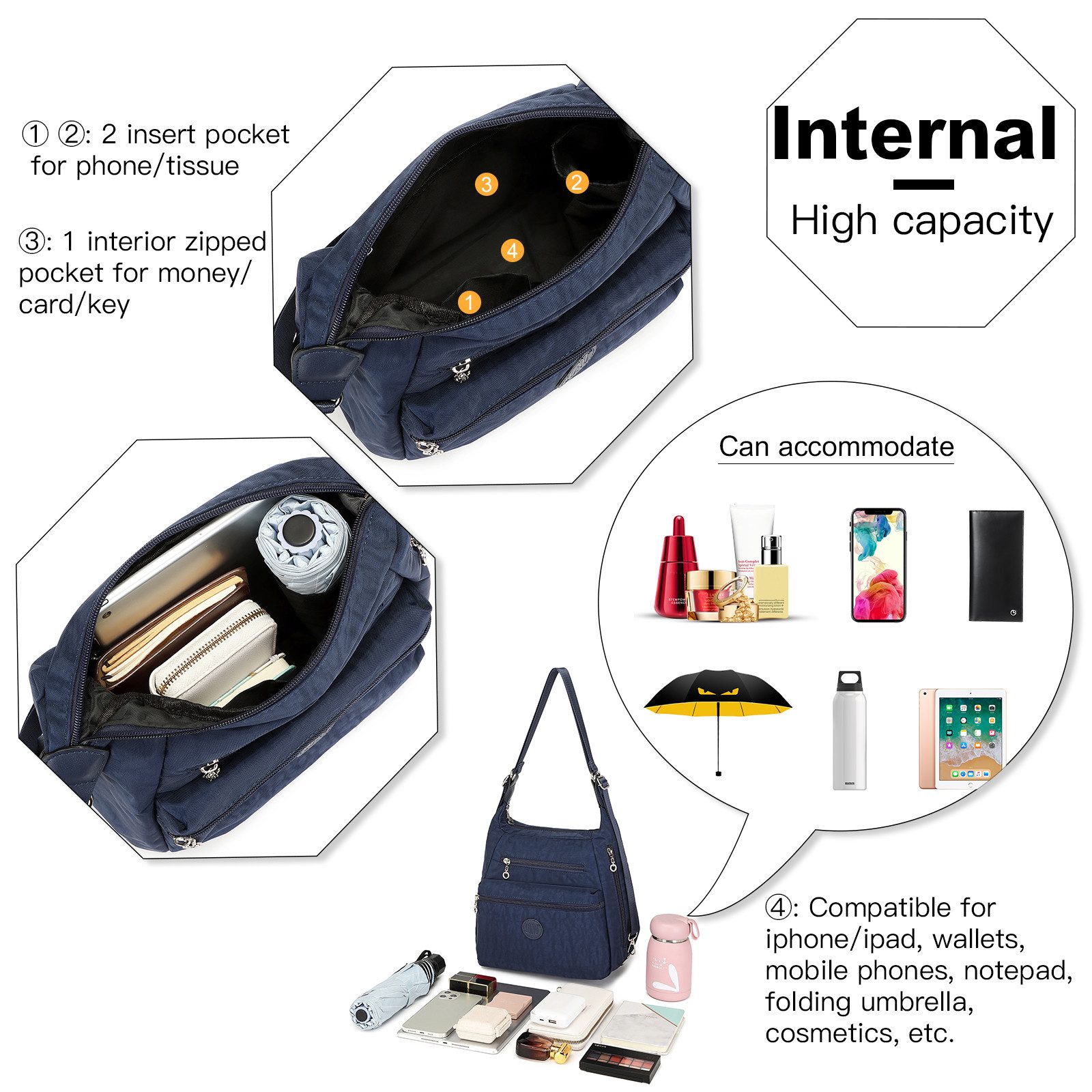 KONO Handtasche Rucksack Damen Umhängetaschen Nylon Schultertaschen 3 in 1 Handtasche